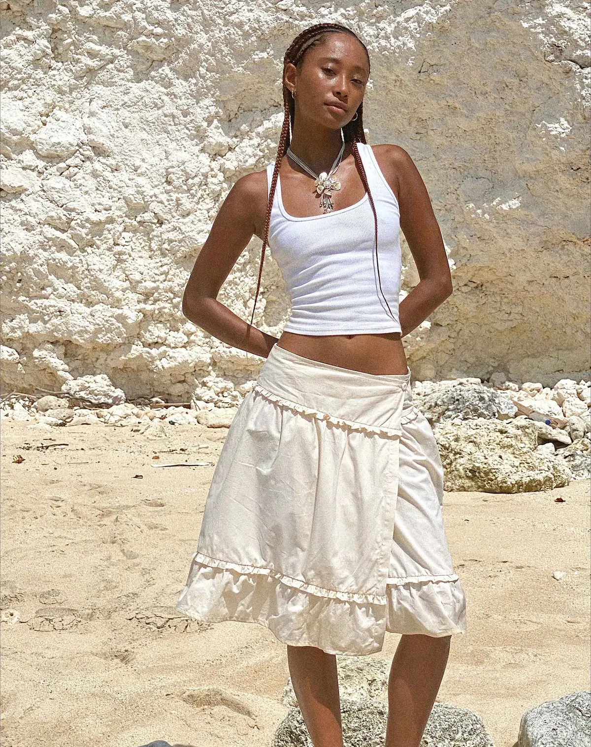 Kasya Frill Hem Midi Wrap Skirt In Ivory 1