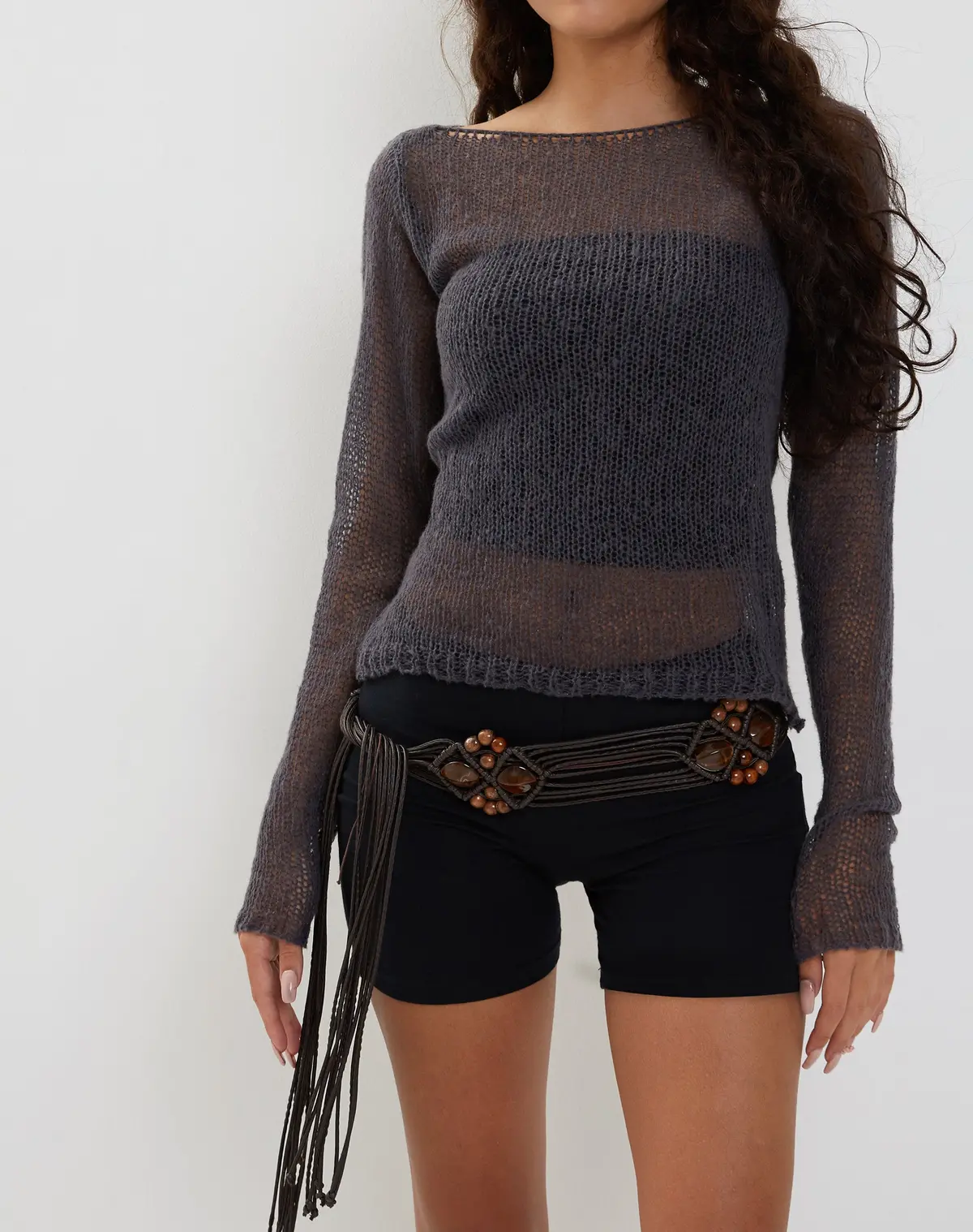 Imelda Fine Open Knit Long Sleeve Top In Dark Charcoal 1