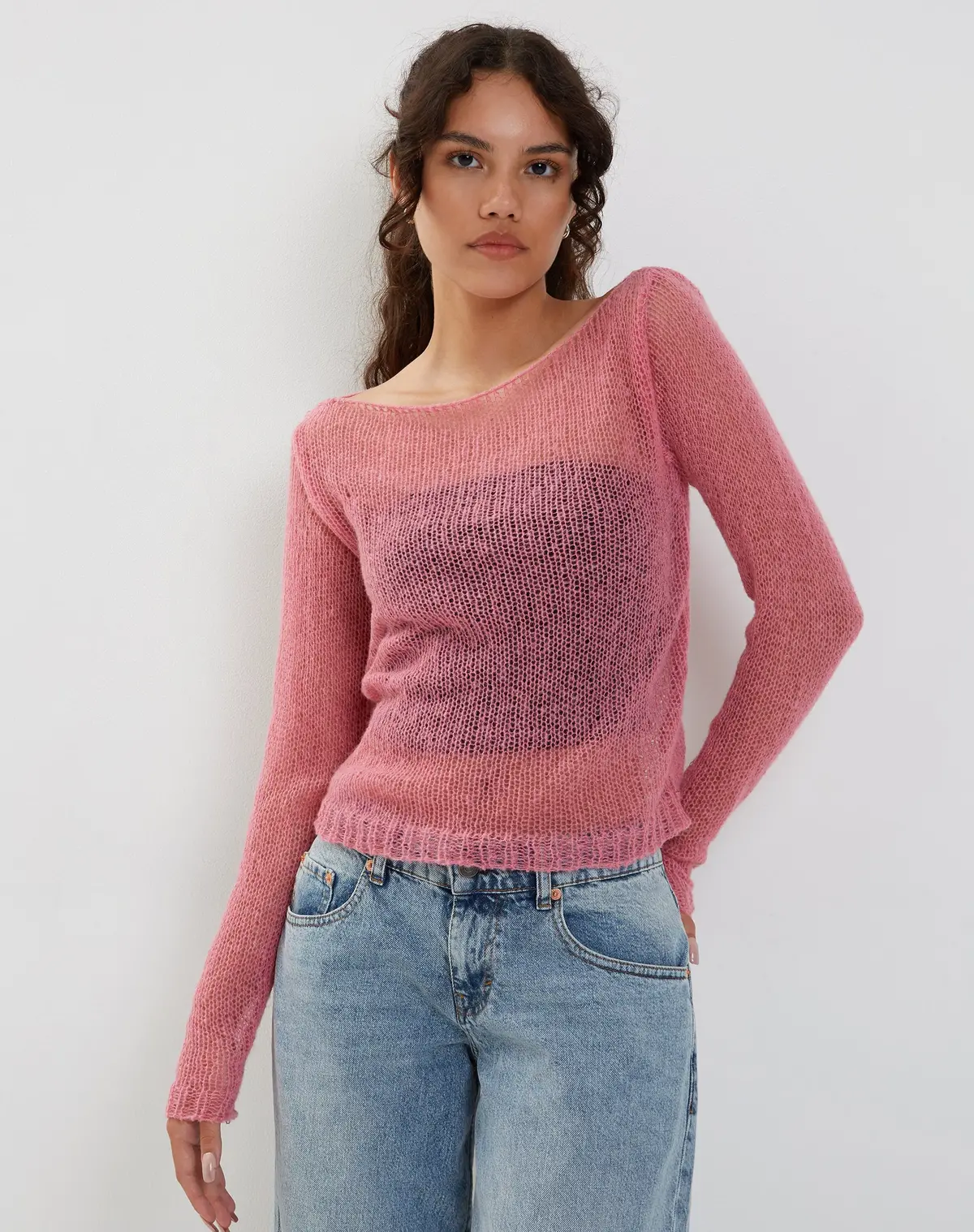 Imelda Fine Open Knit Long Sleeve Top In Pink 1