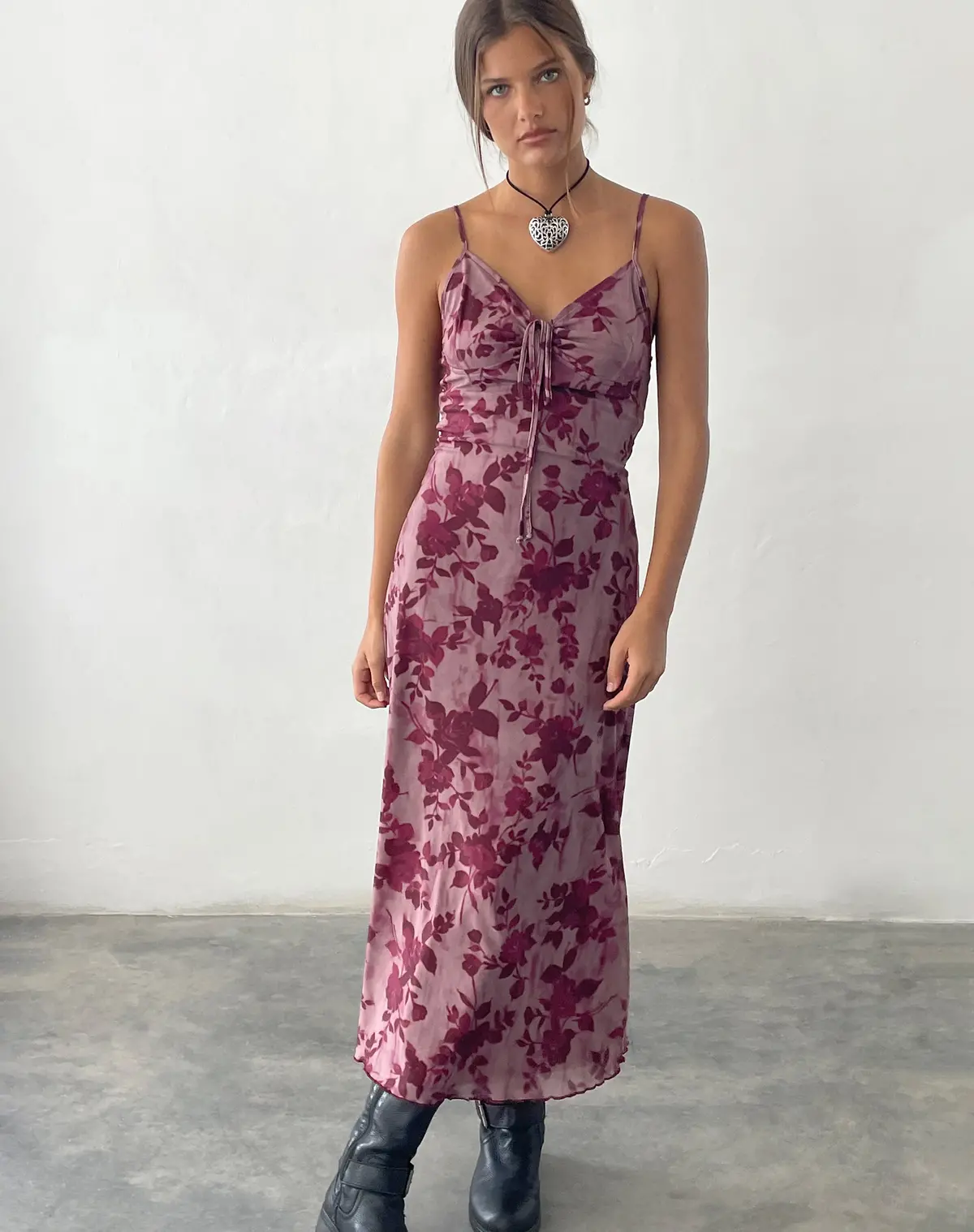 Coya Maxi Dress In Mesh Maroon Blurred Flower 1