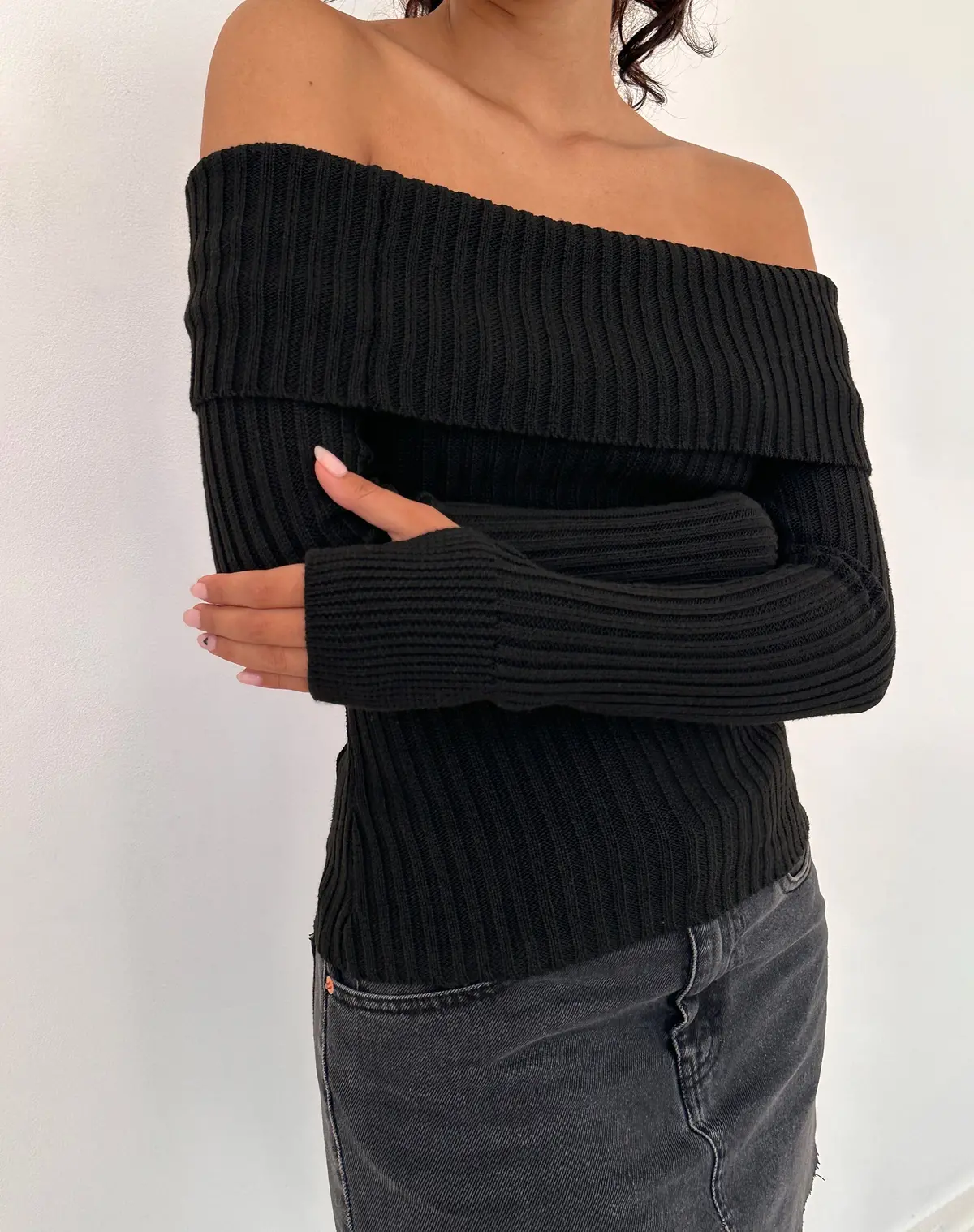 Circe Off-Shoulder Long Sleeve Knit Top In Black 1
