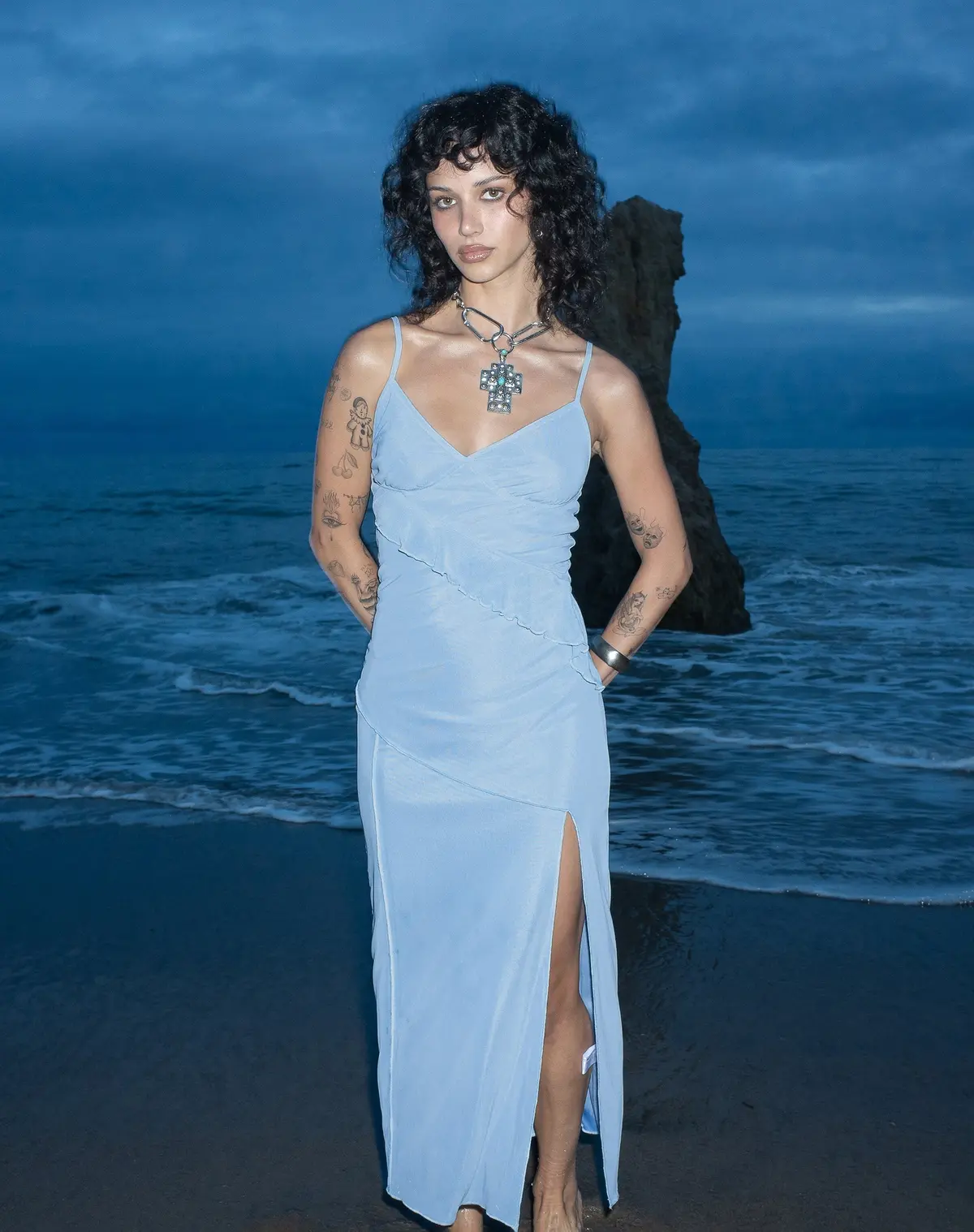 Jacy Ruffle Midi Dress In Mesh Blue 1