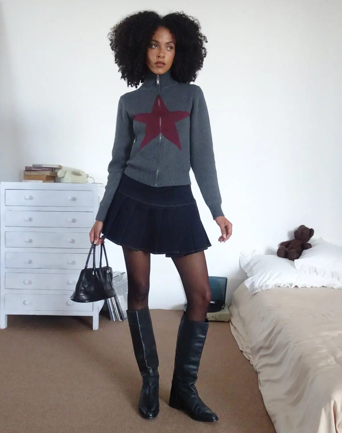 Jimena Zip Through Cardigan In Grey With Burgundy Star Motif 1