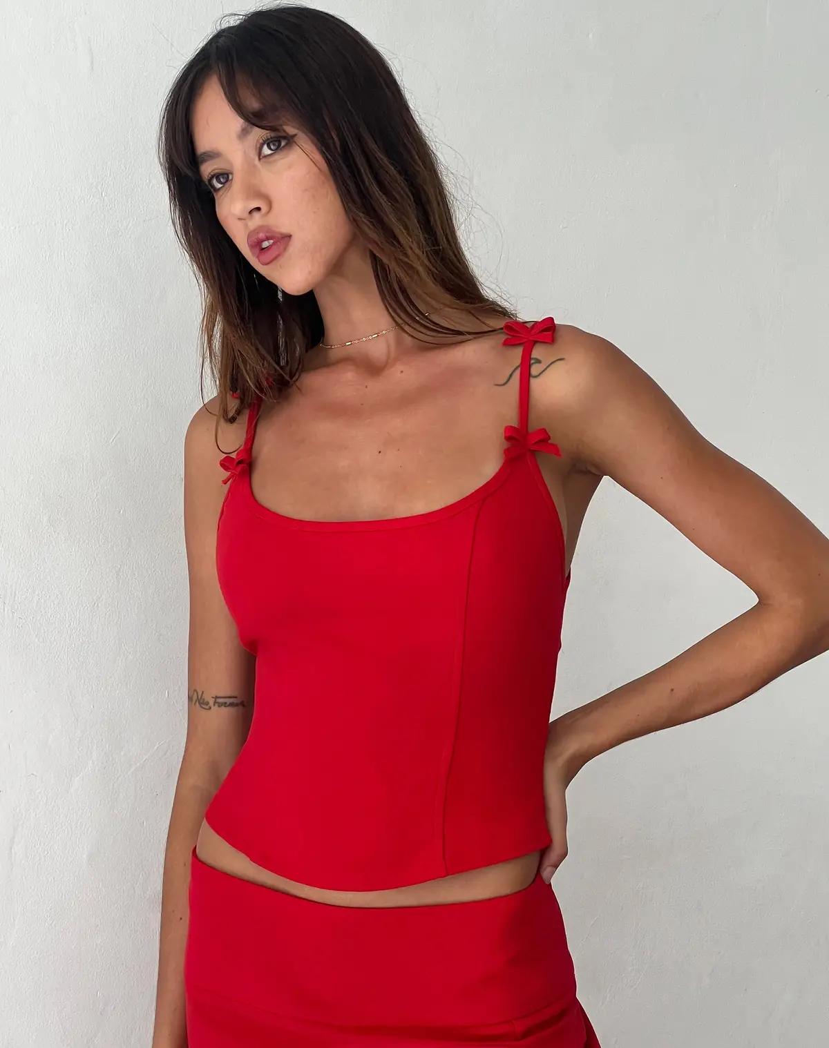 Kaida Bow Detail Corset Top In Tailoring Red 1