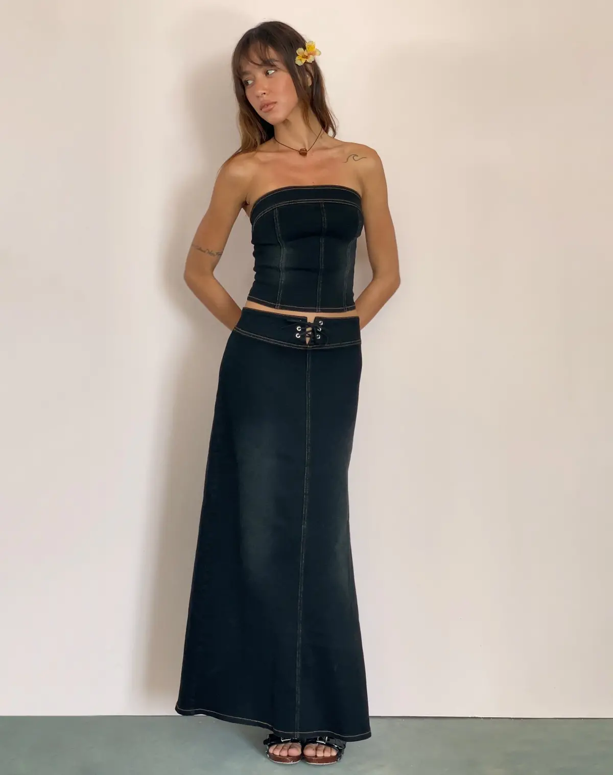 Lafille Denim Maxi Skirt In Black Wash 1