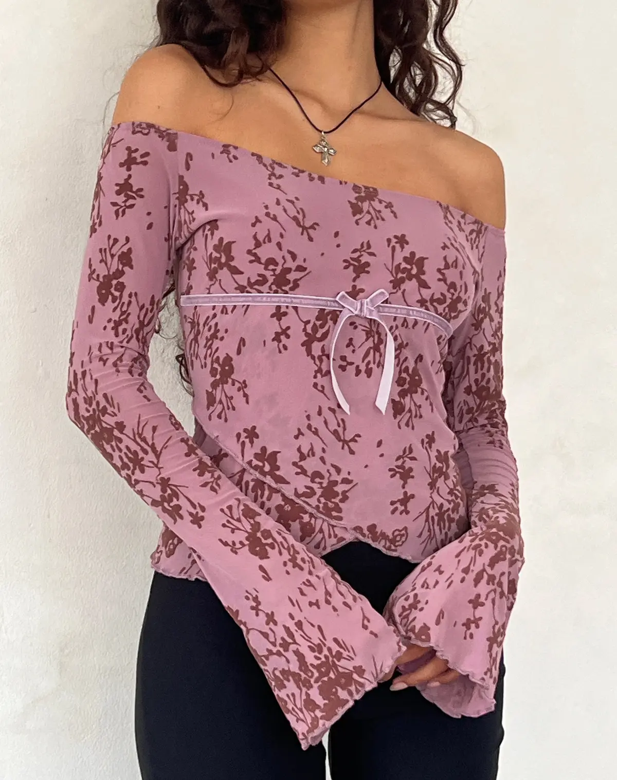 Kareena Long Sleeve Bardot Top In Abstract Botanic Mauve 1