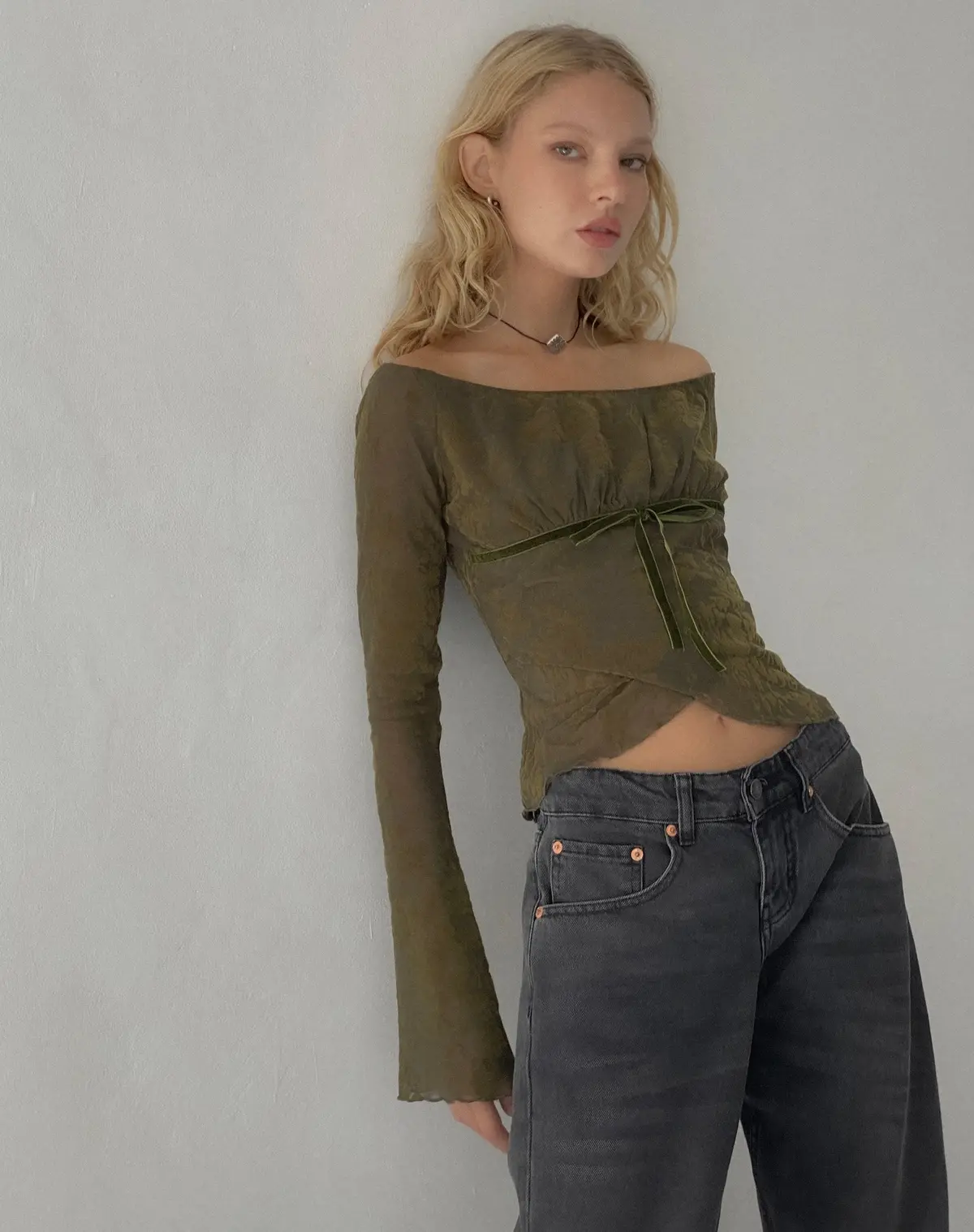 Kareena Long Sleeve Bardot Top In Abstract Botanic Dark Olive 1