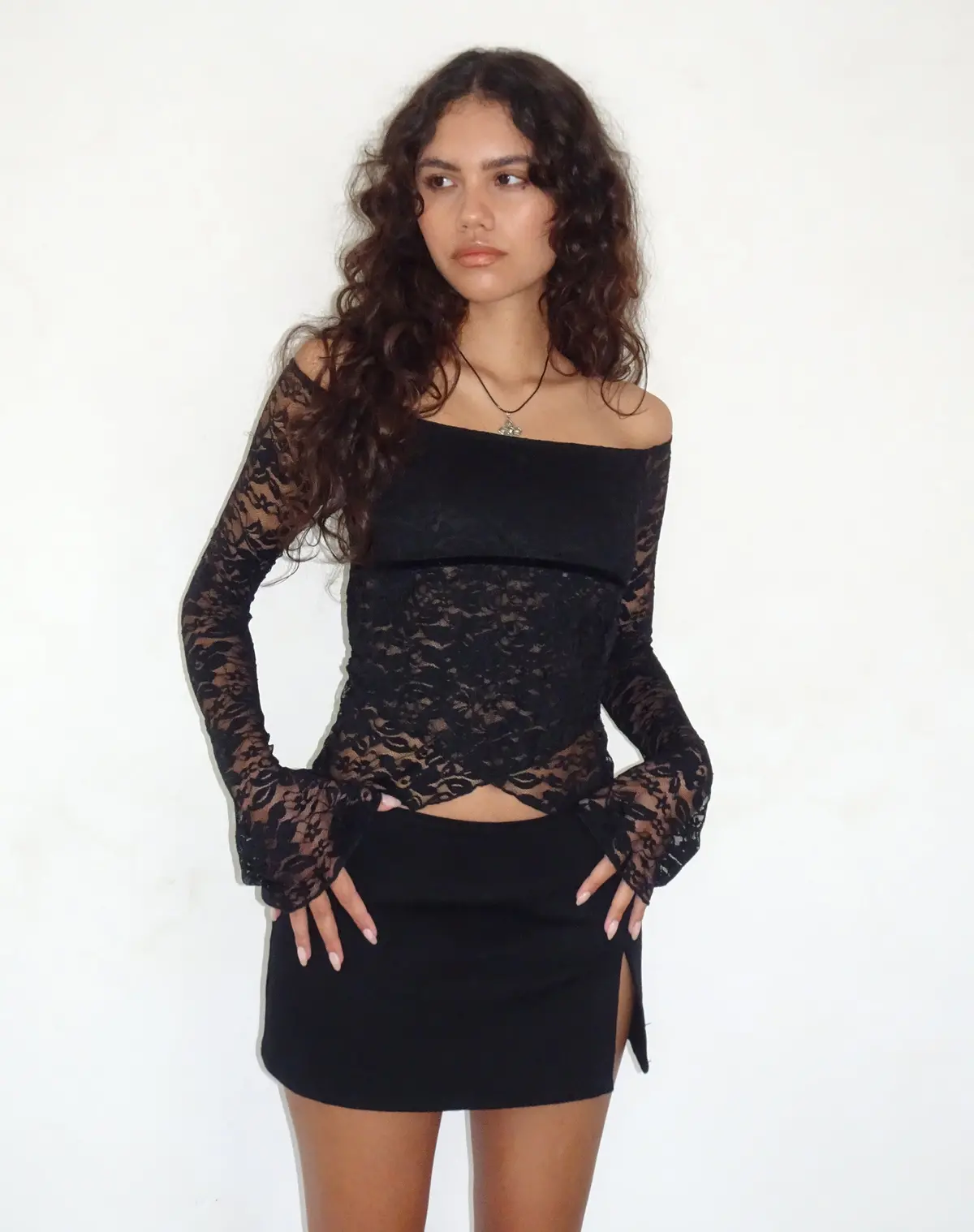 Kawila Bardot Top In Floral Lace Jet Black 1