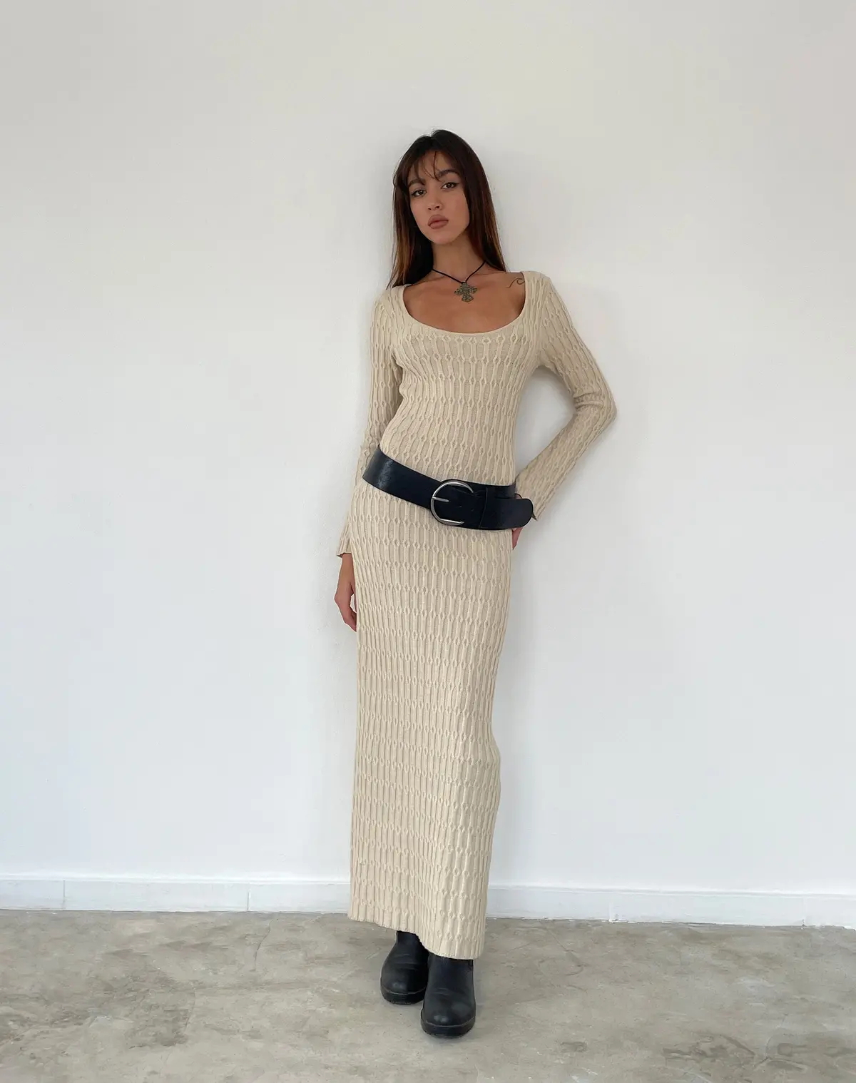 Kiasta Long Sleeve Maxi Dress In Neutral Knit 1