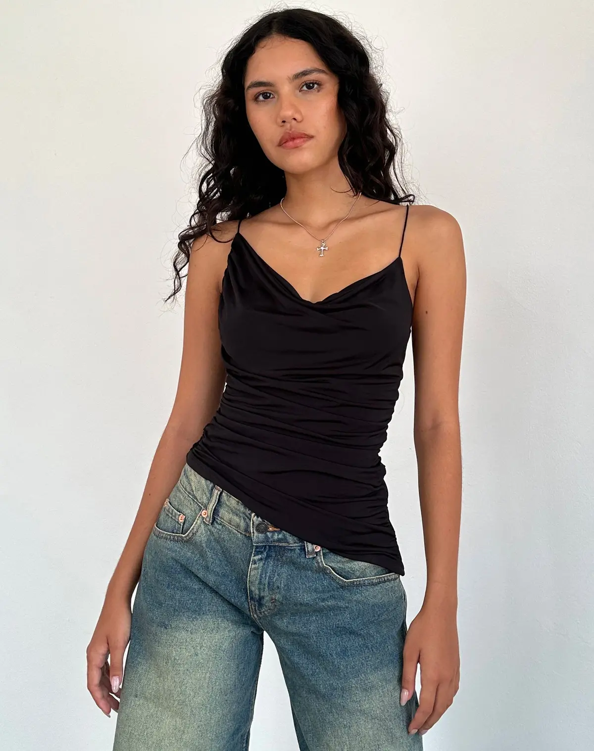Kofi Asymmetric Ruched Cami Top In Black Slinky 1