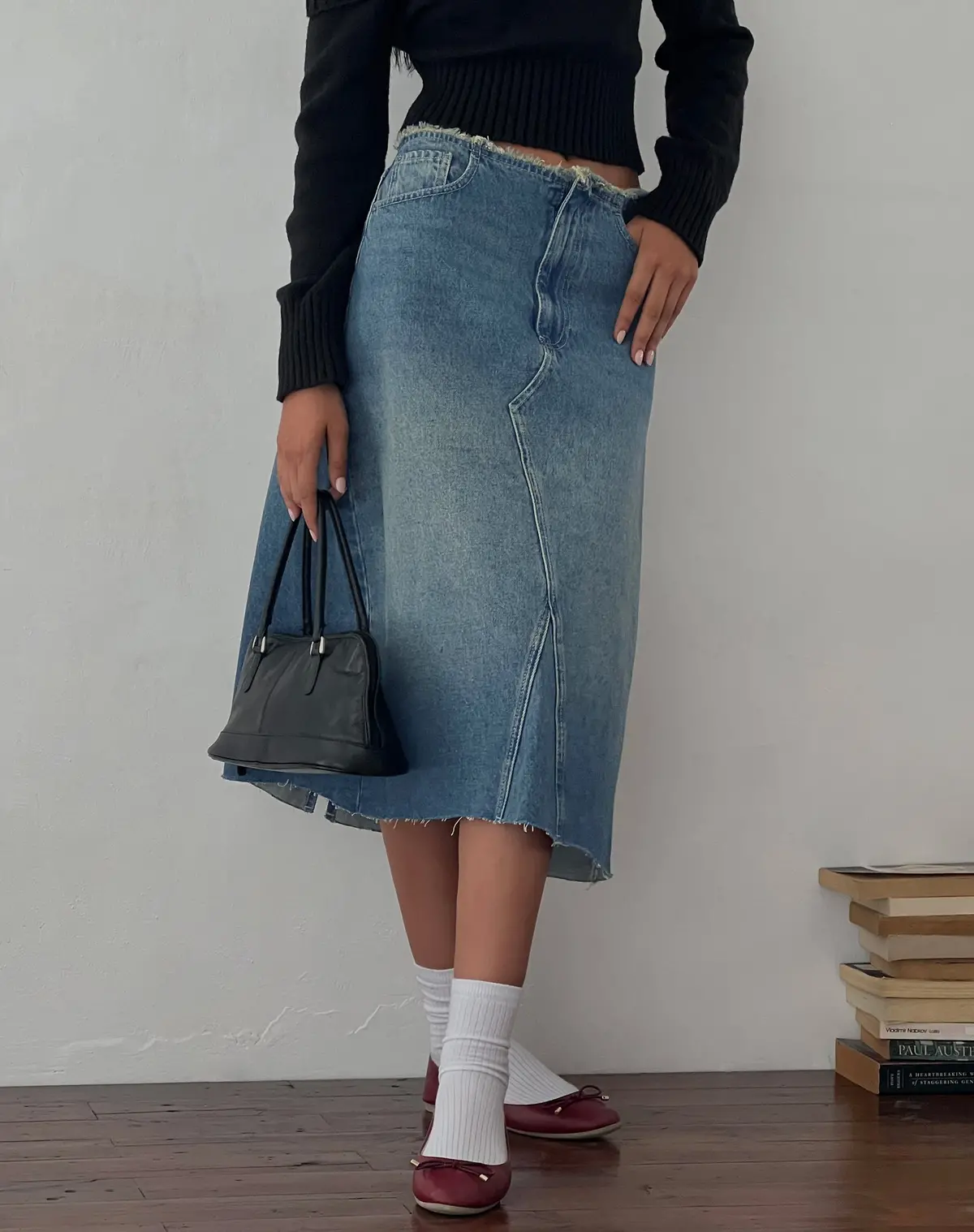 Low Rise Denim Midi Skirt In Vintage Blue Green 1