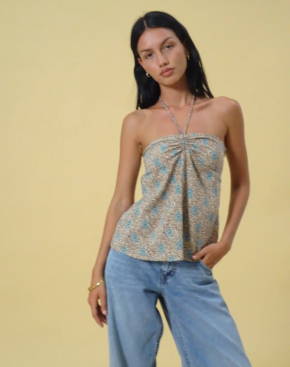 Laeri Halterneck Top In Bohemian Batik Blue Brown 1