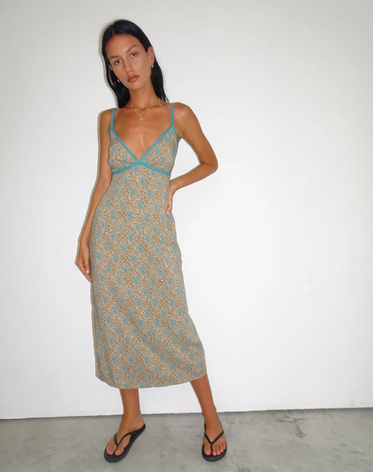 Lalu Midi Dress In Bohemian Batik Blue Brown 1