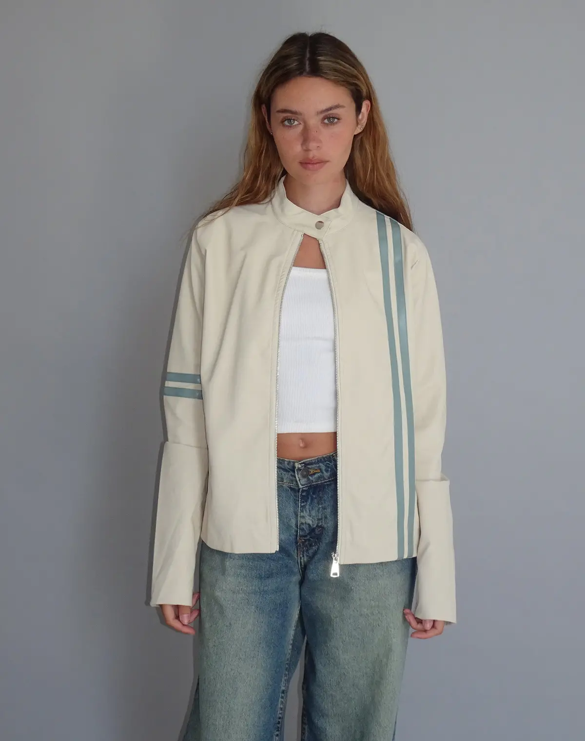 Lewis Jacket In Cream Pu With Blue Stripe 1