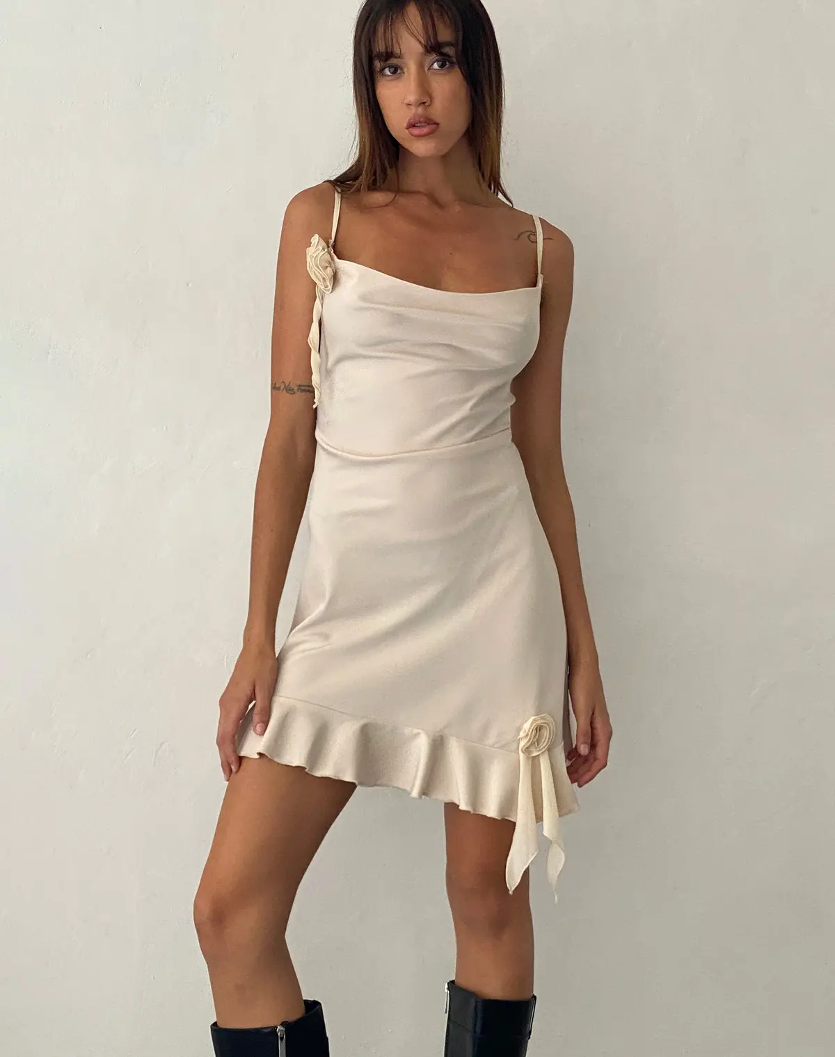 Litera Ruffle Rosette Mini Dress In Cream 1