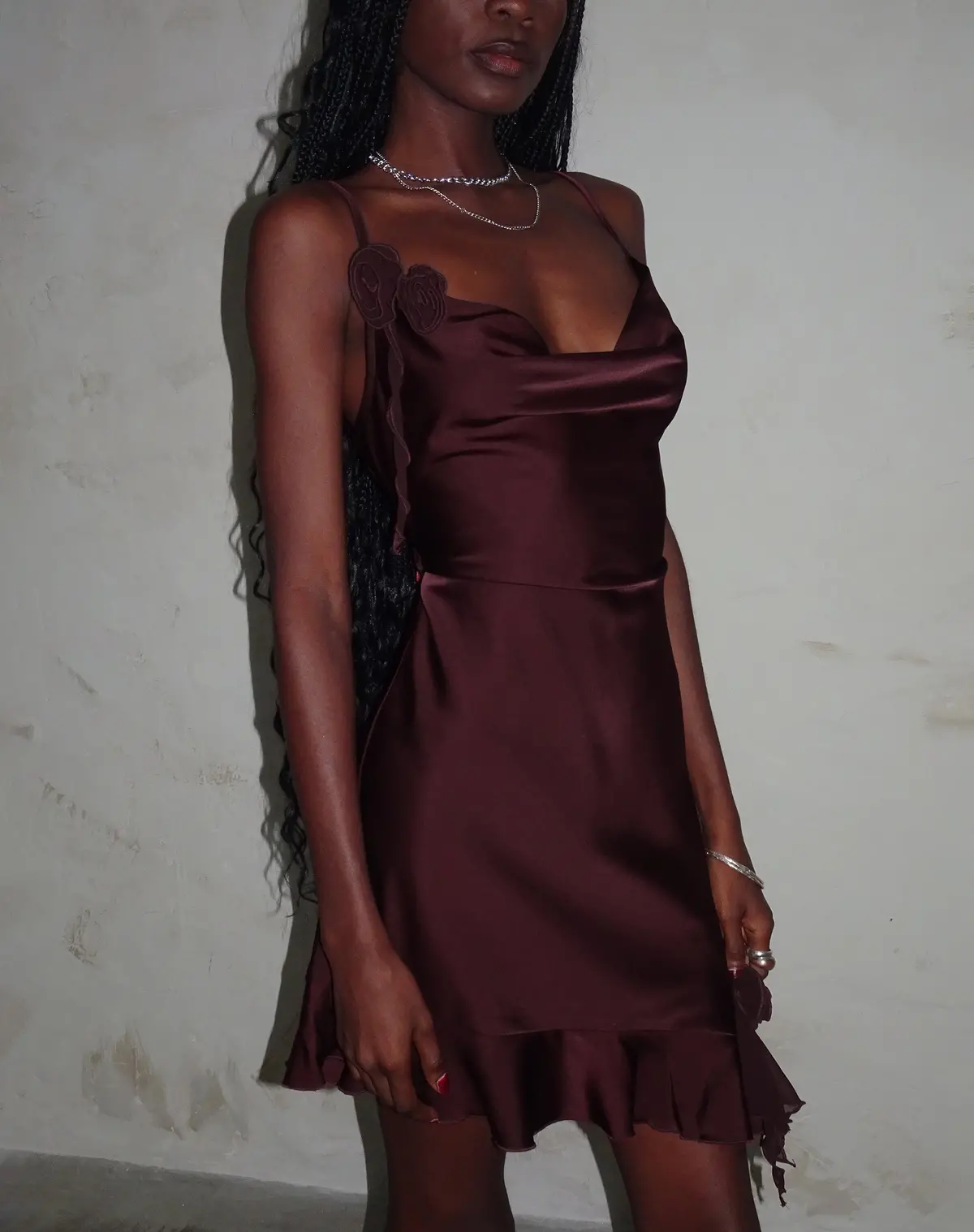 Litera Ruffle Mini Dress In Deep Plum With Rosette 1