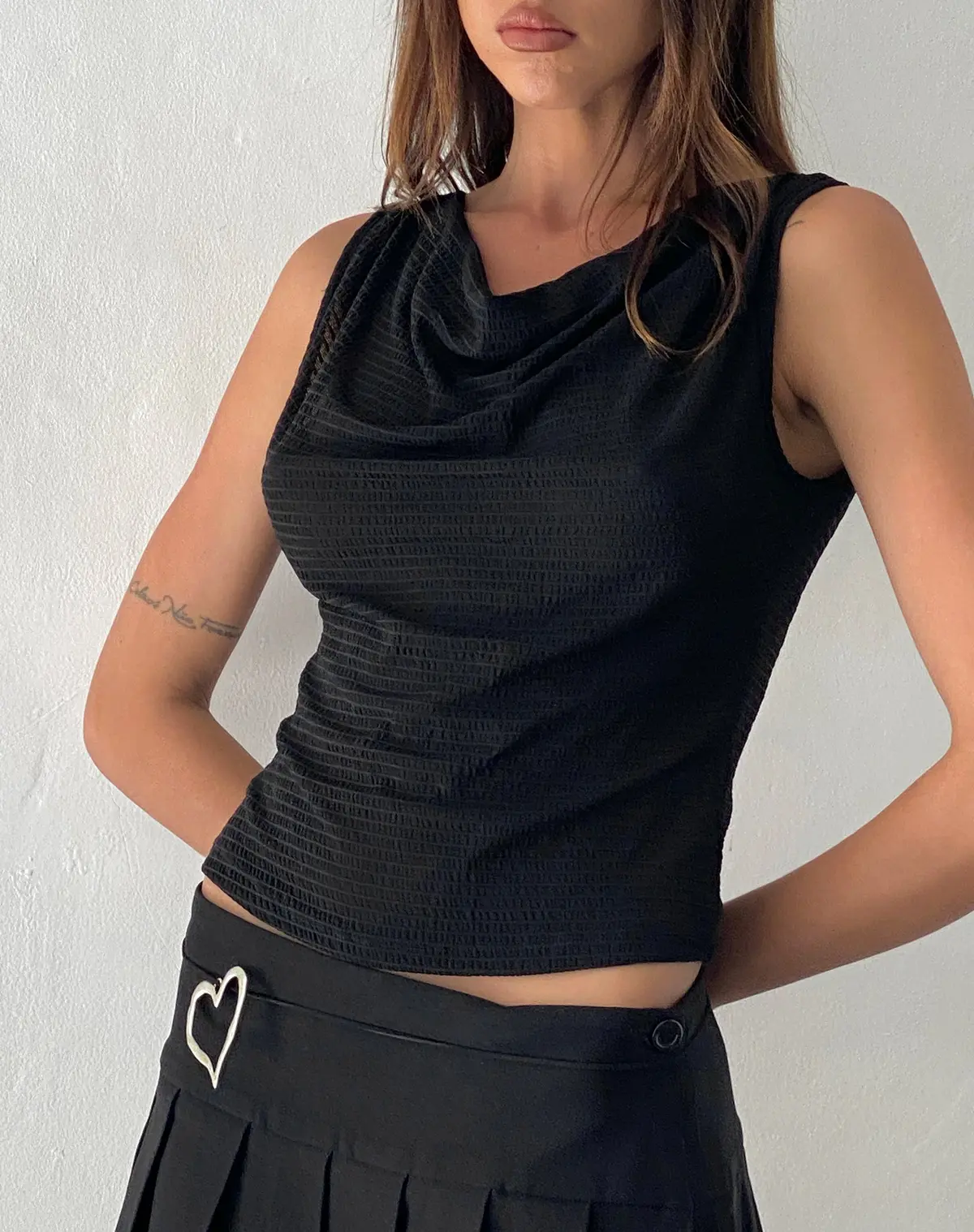 Lizette Cowl Open Back Top In Textured Black 1