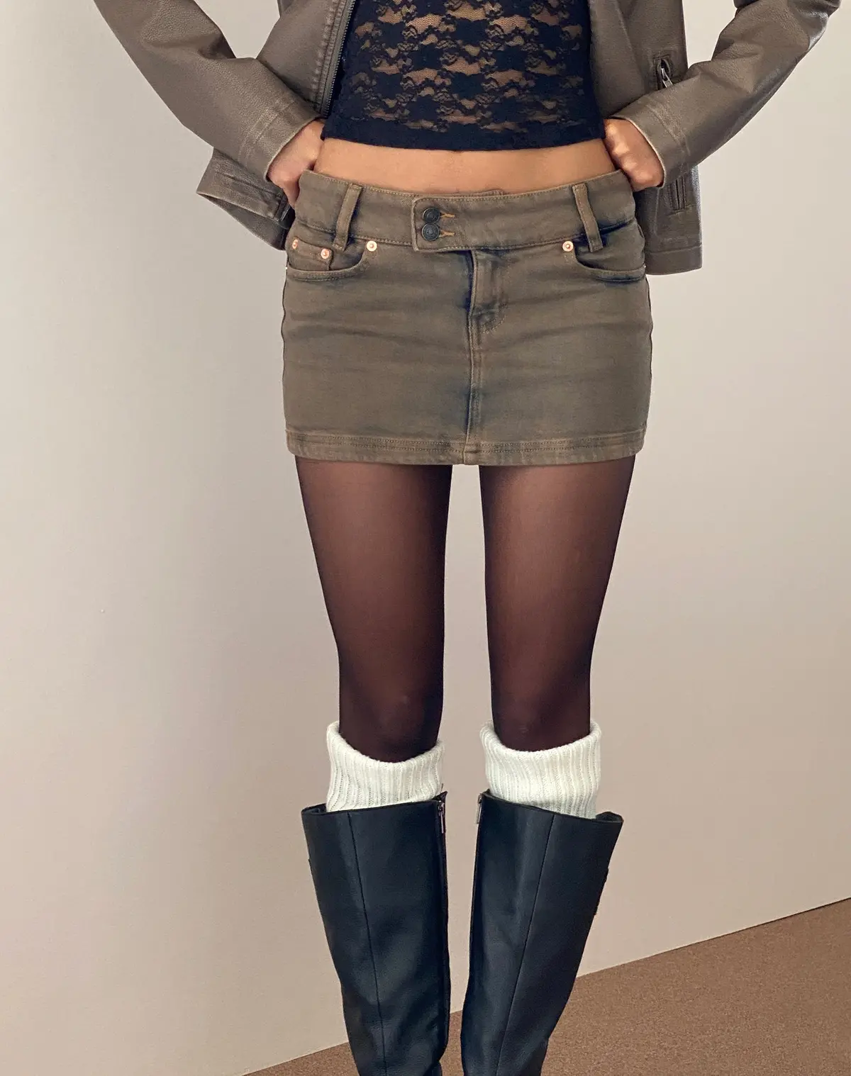 Low Rise Denim Mini Skirt In Sand 1