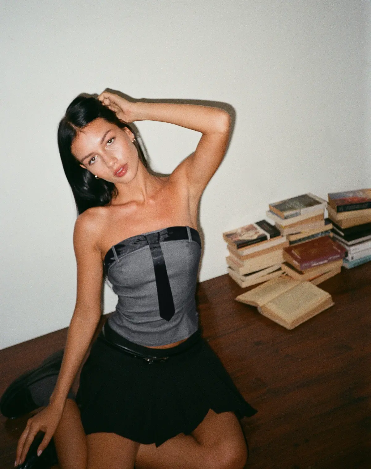 Mabilis Bandeau Top In Satin Neck Tie Grey 1