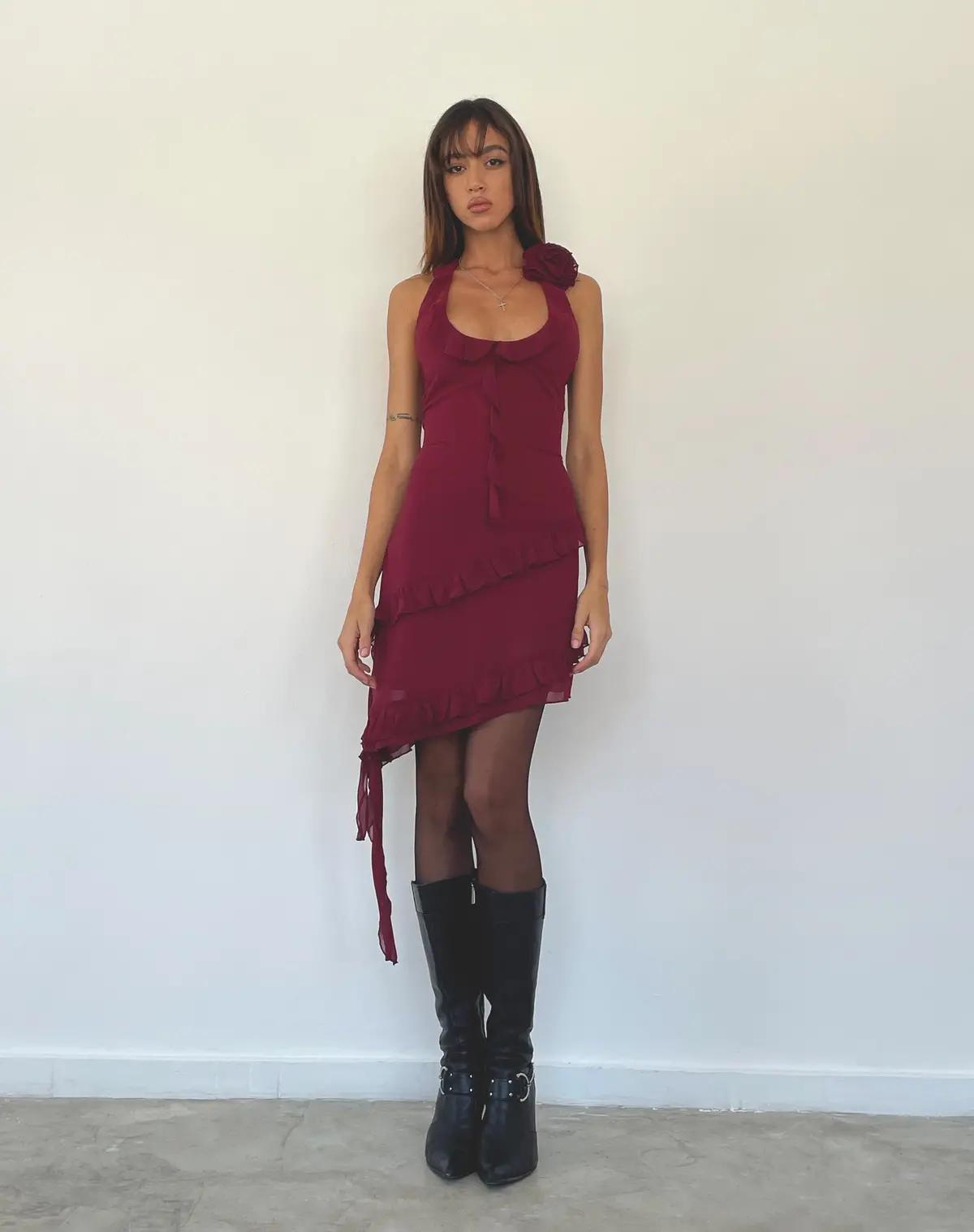 Margaret Ruffle Mini Dress In Plum Chiffon With Rosette 1