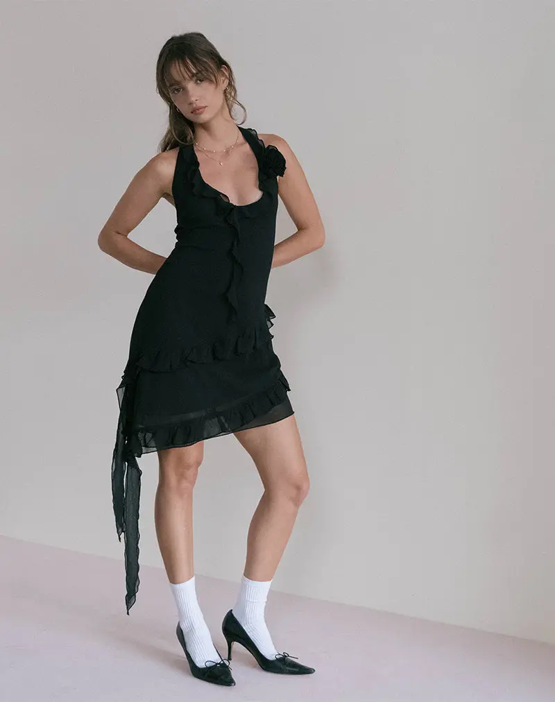 Margaret Ruffle Mini Dress In Black Chiffon With Rosette 1