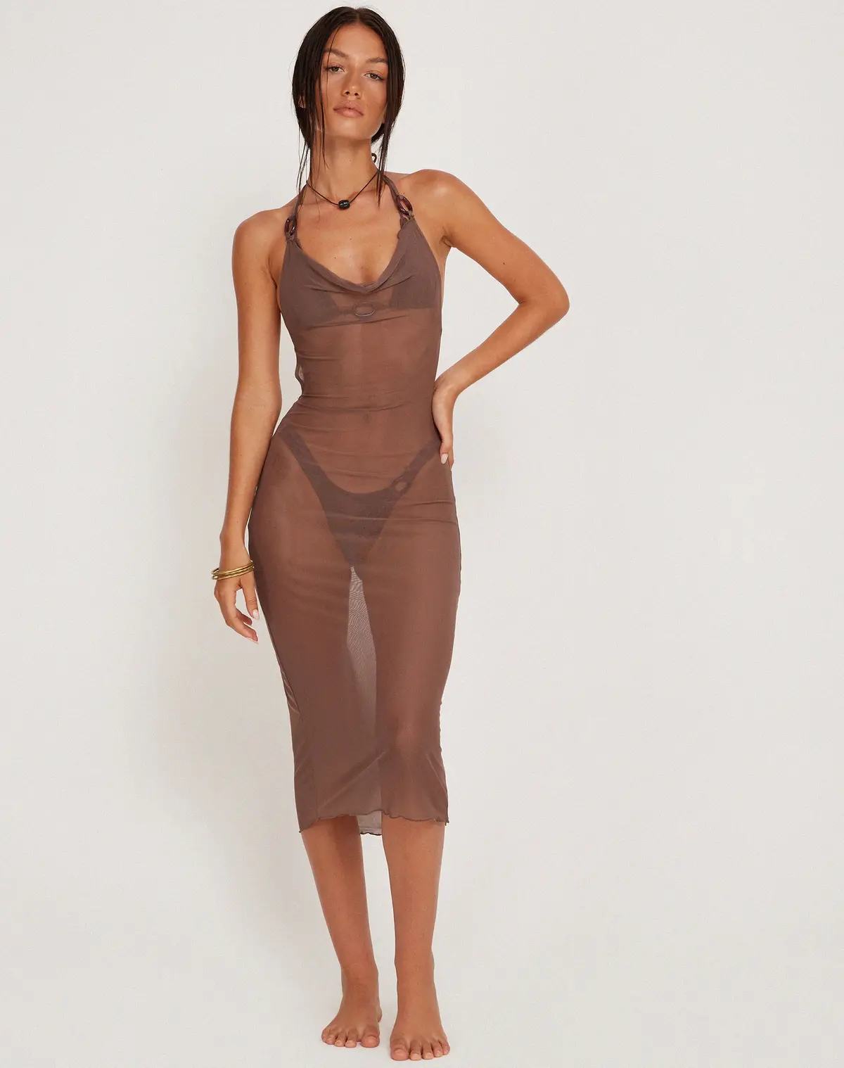 Maysa Midi Dress In Mesh Coffee 1