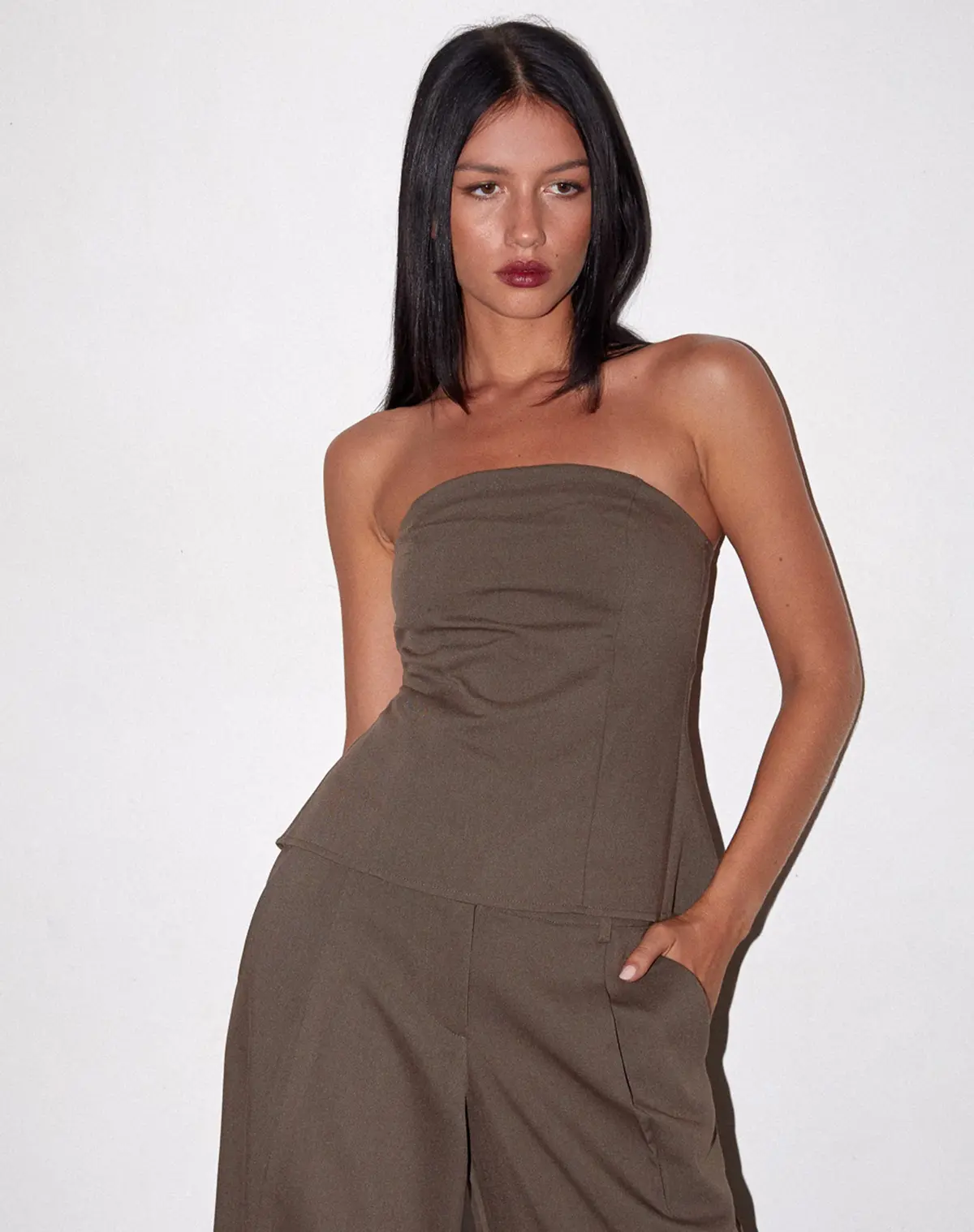 Mairi Longline Bandeau Top In Taupe Tailoring 1
