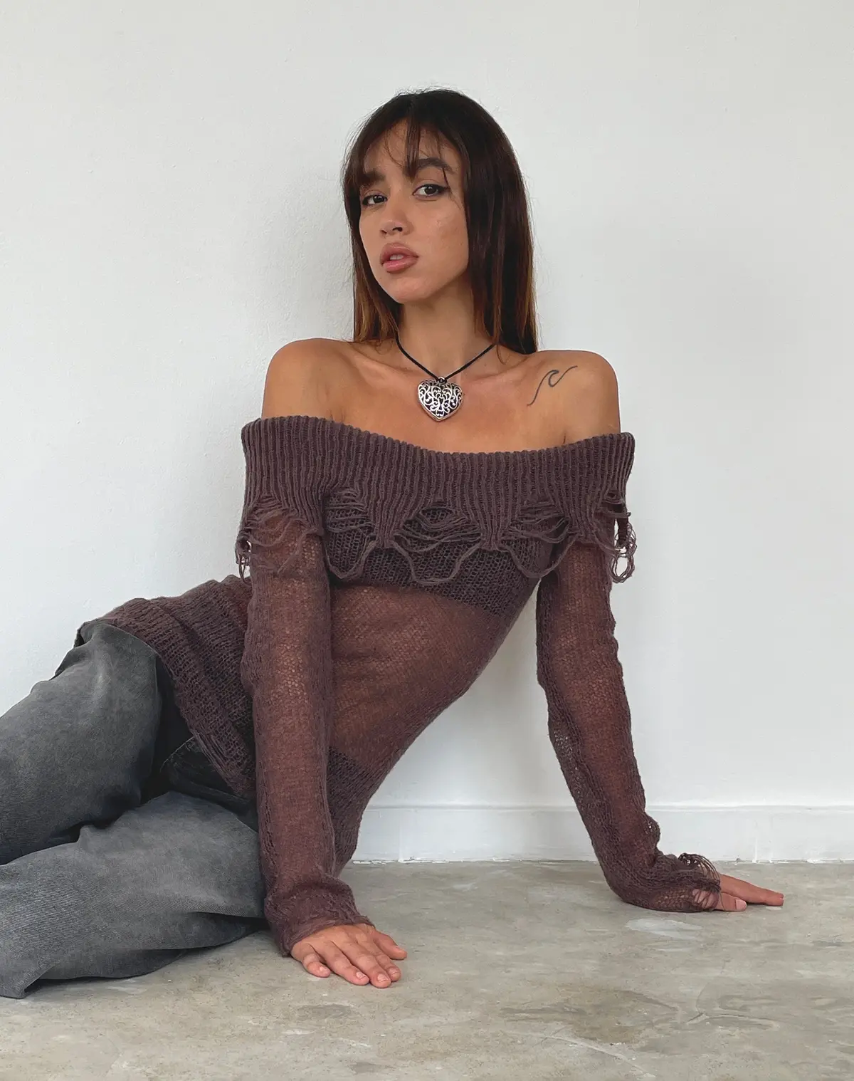 Milena Distress Knit Long Sleeve Bardot Top In Maroon 1