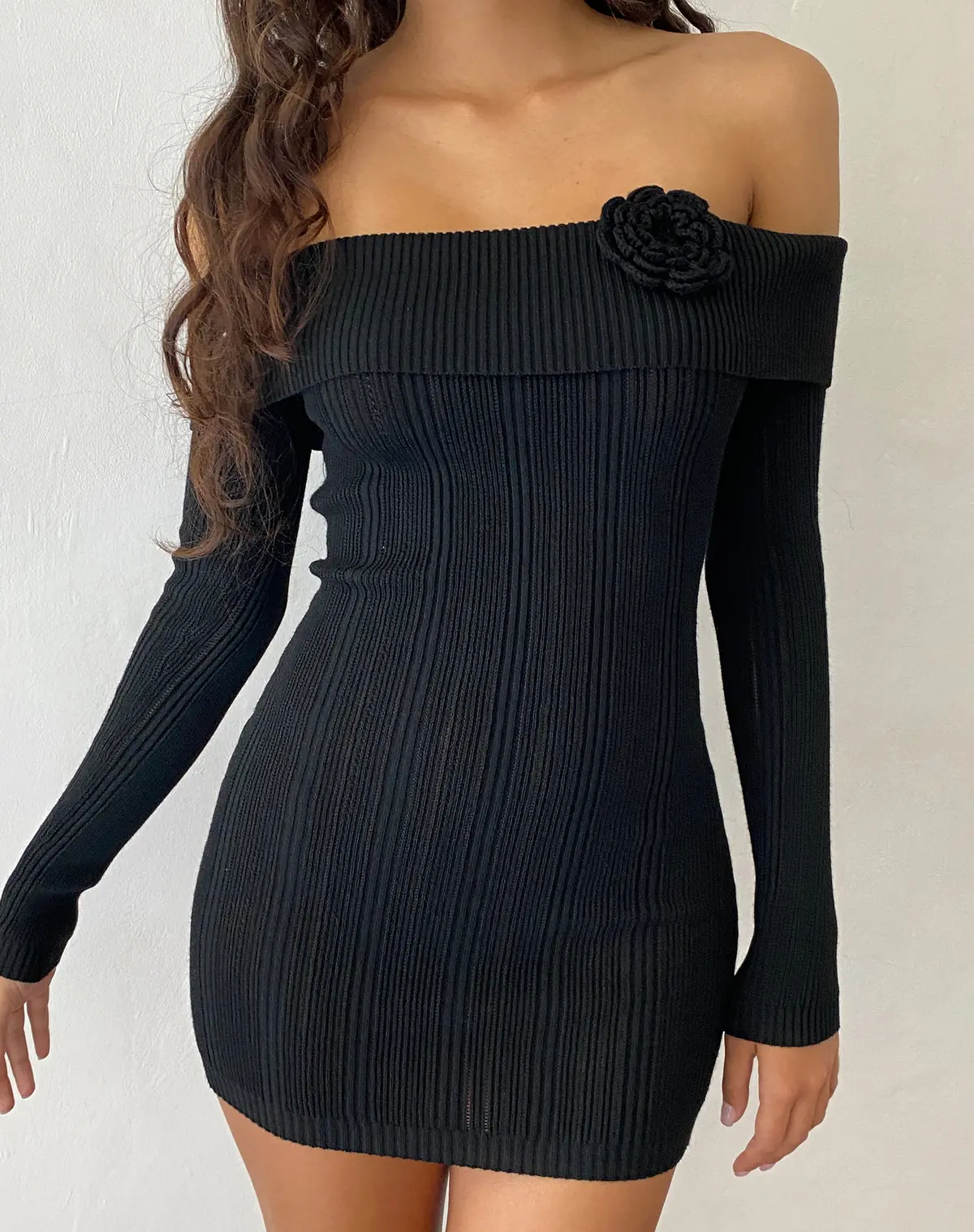 Mirabel Knitted Bardot Mini Dress In Black With Rosette 1