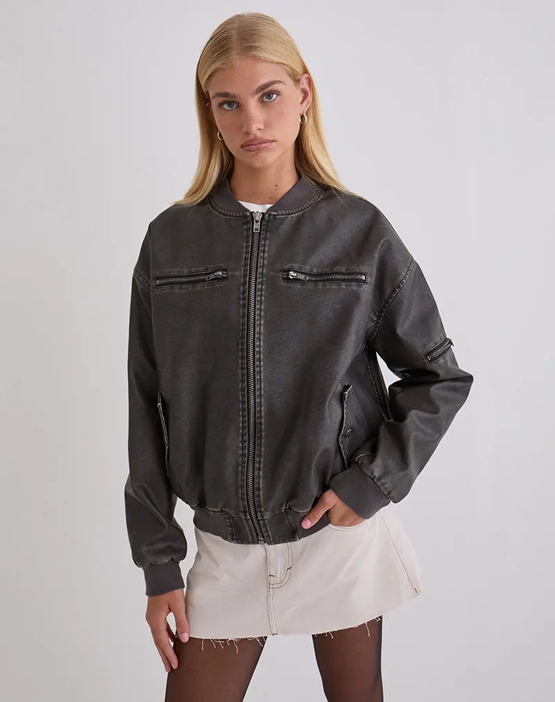 Marco Distressed Bomber Jacket In Pu Charcoal 1