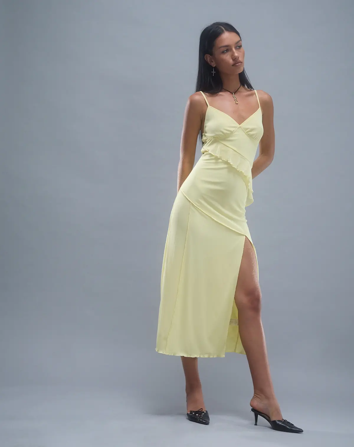 Jacy Ruffle Midi Dress In Mesh Lemon 1