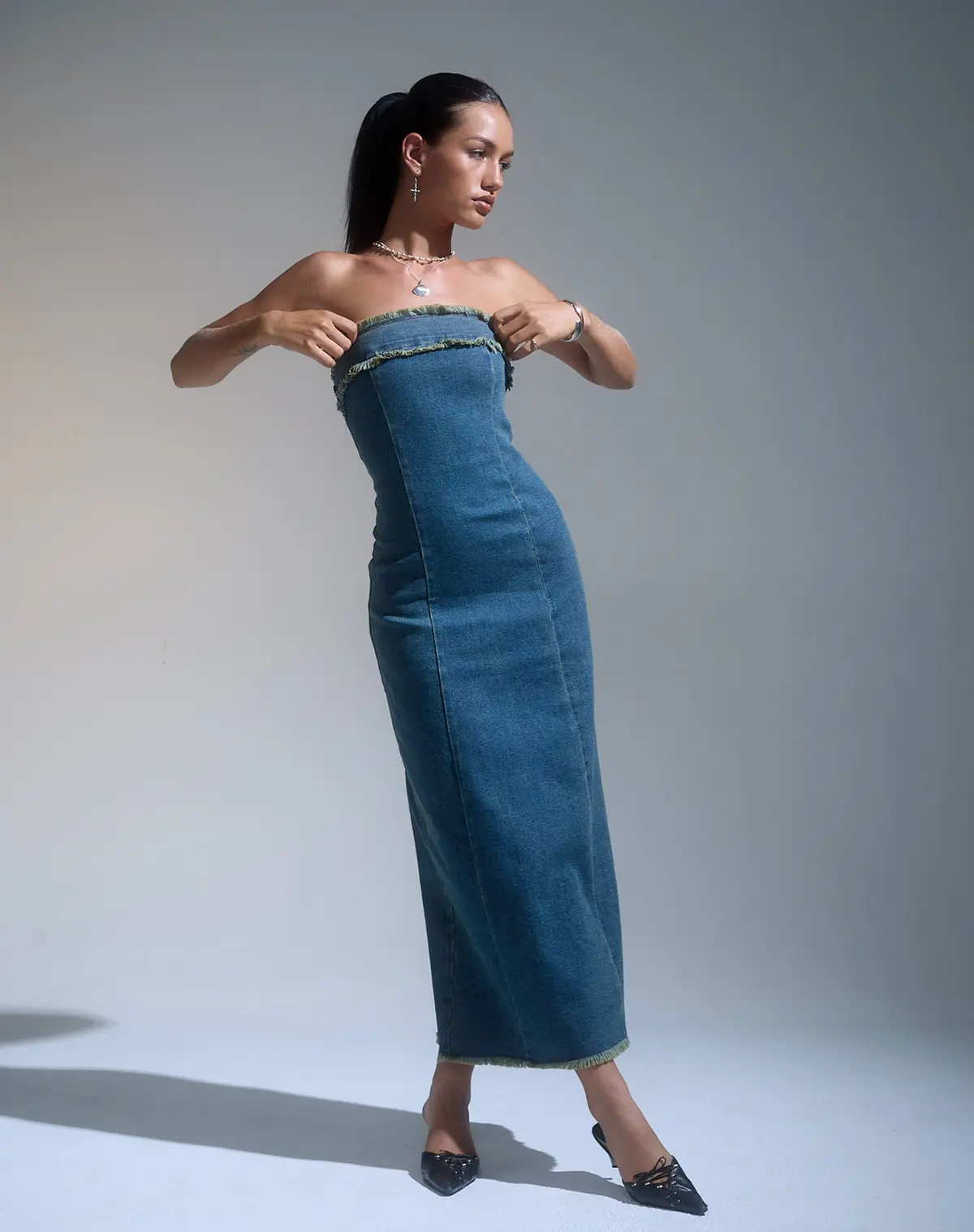 Atun Denim Bandeau Maxi Dress In Brown Blue Acid Wash 1