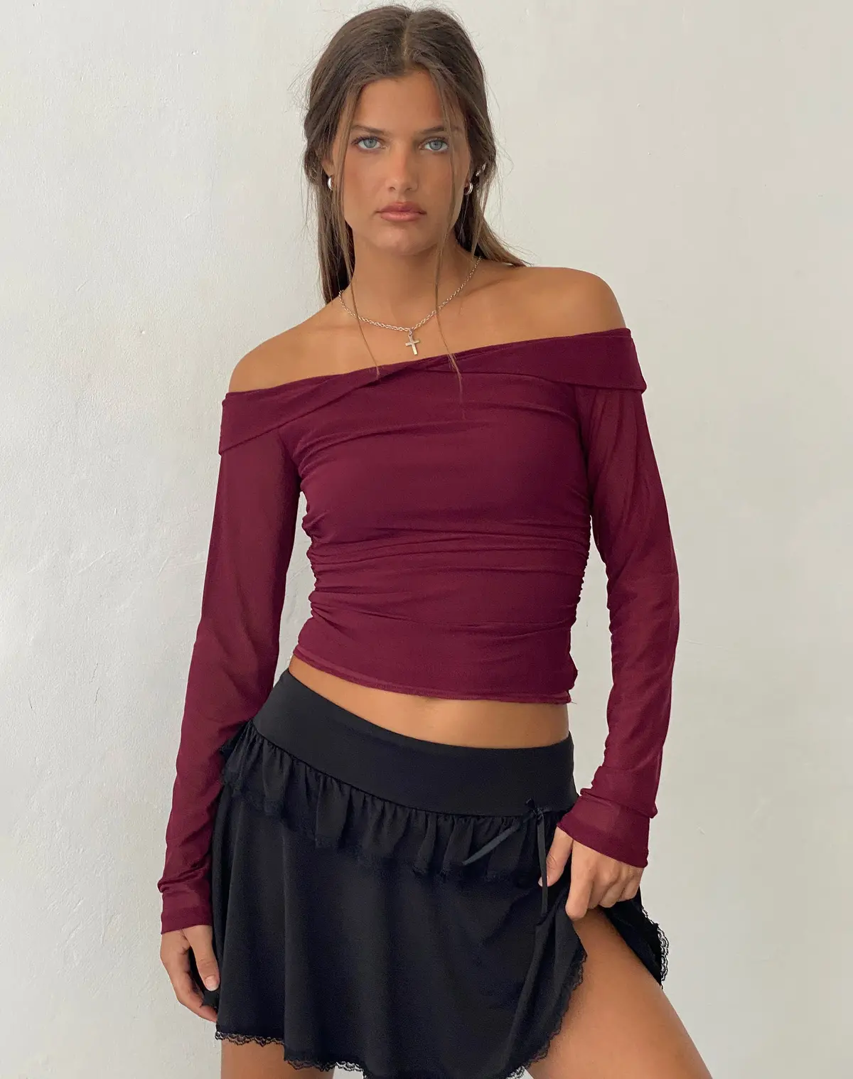 Nauri Mesh Bardot Top In Maroon 1