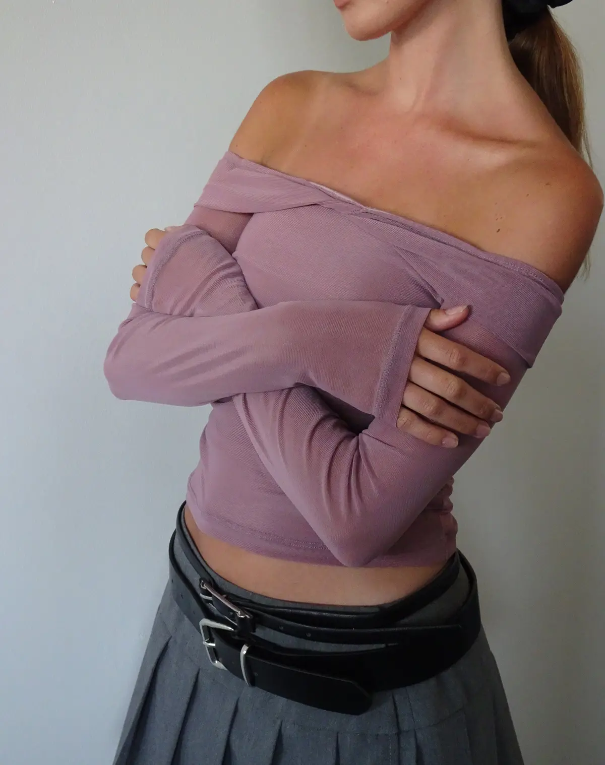 Nauri Long Sleeve Bardot Top In Wisteria Purple 1
