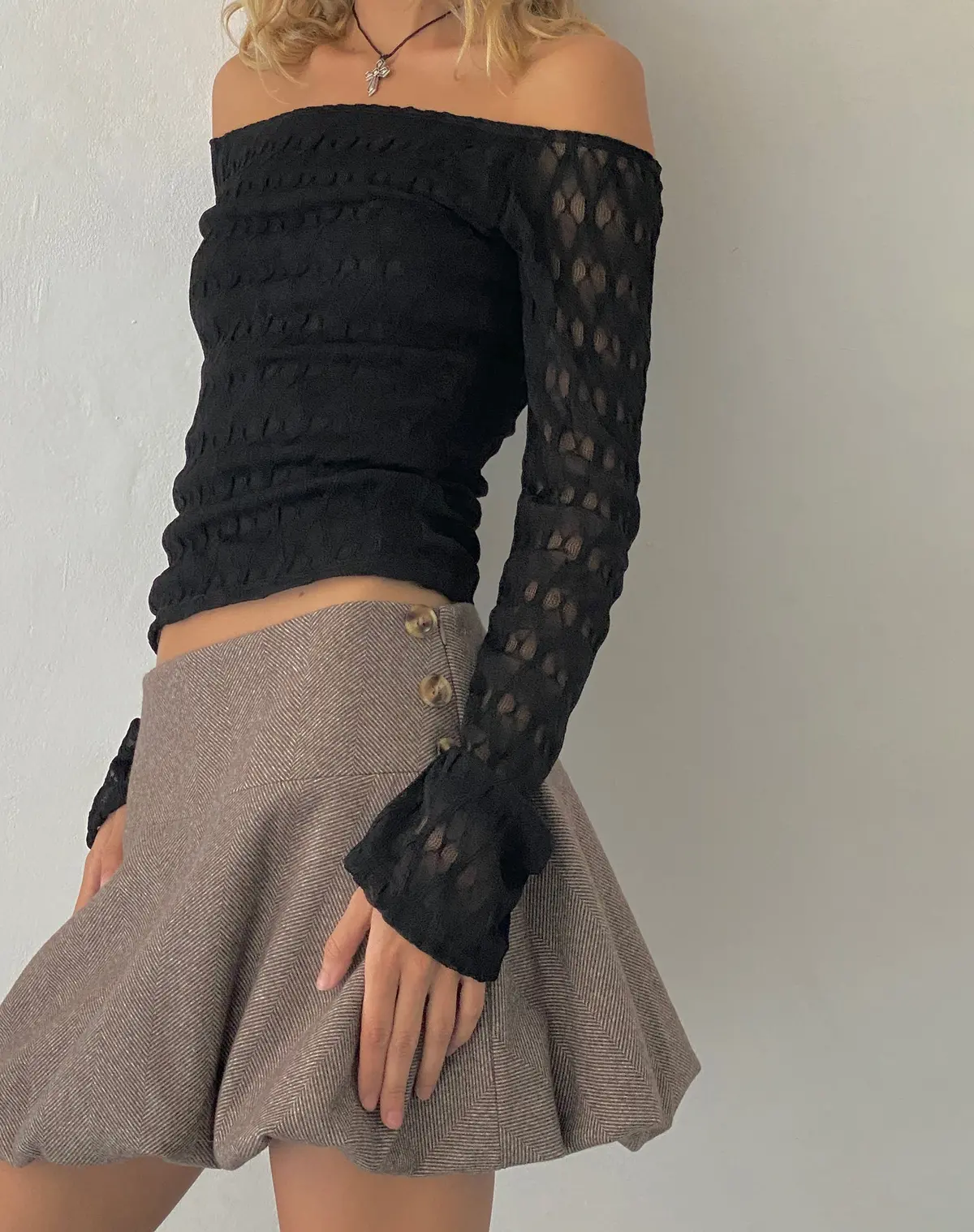 Neira Long Sleeve Bardot Top In Textured Knit Black 1
