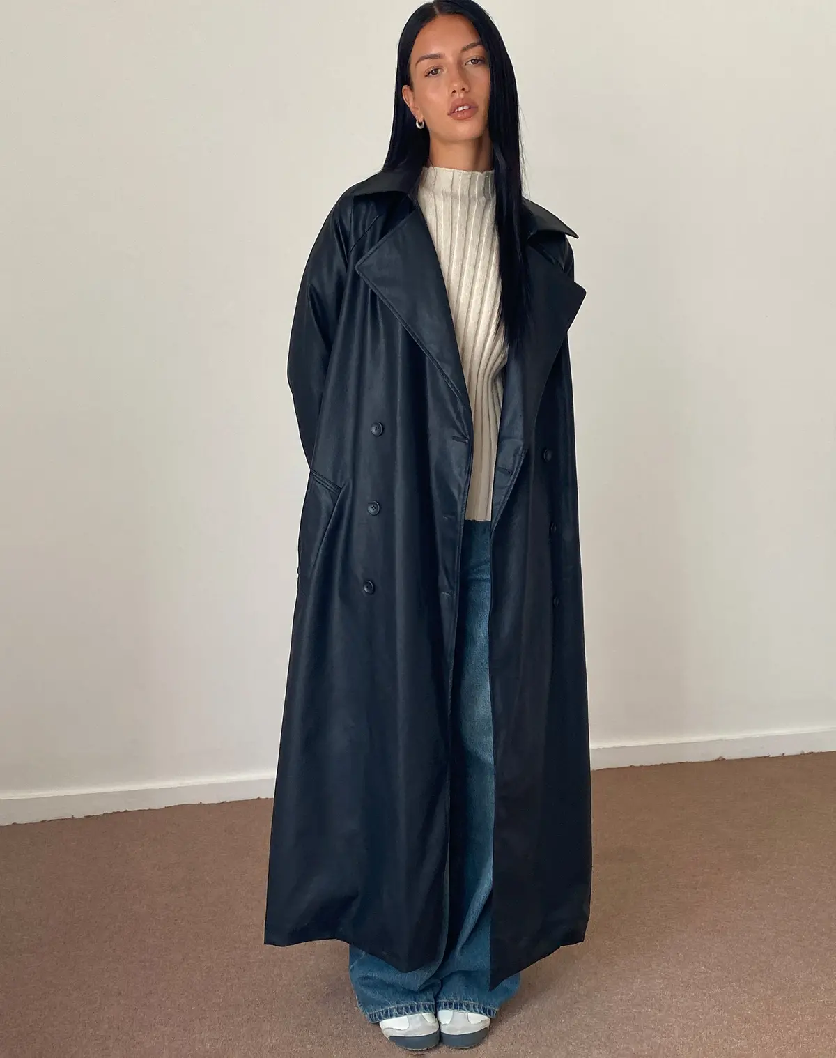 Orcati Double Breasted Trench Coat In Black Pu 1
