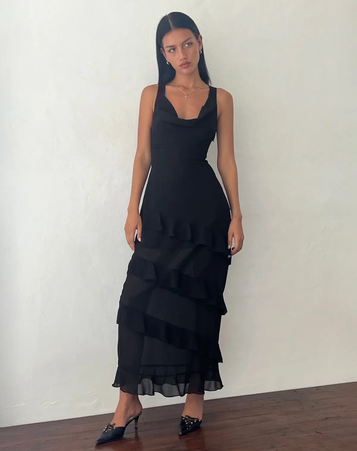 Otna Ruffle Detail Chiffon Maxi Dress In Black 1
