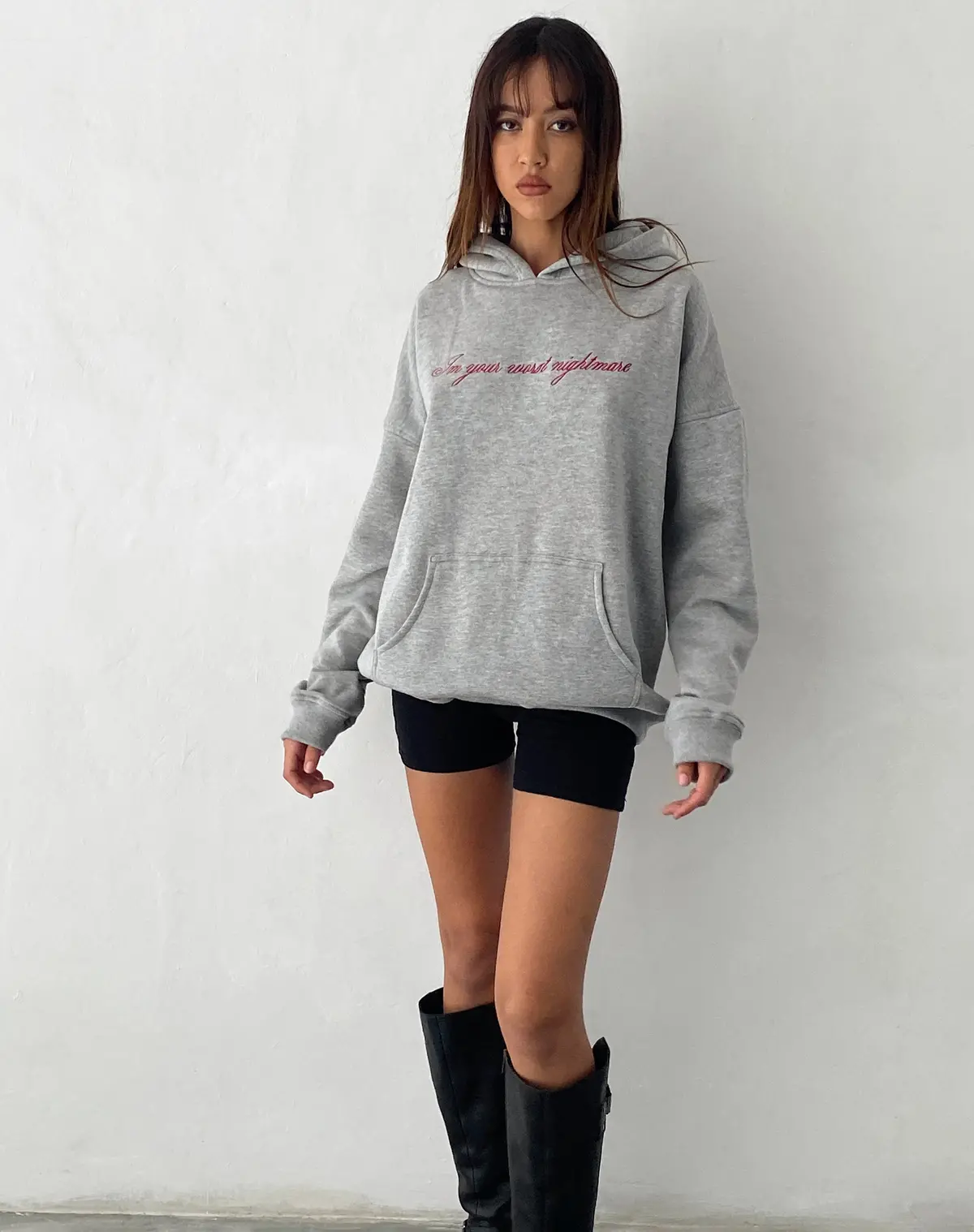 Oversized Hoodie In Grey Marl With Worst Nightmare Embroidery 1