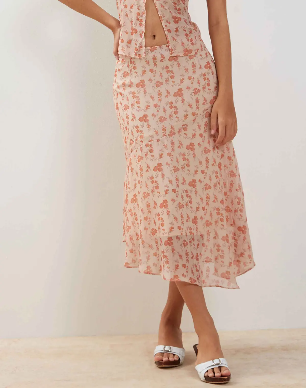 Rans Waterfall Hem Chiffon Midi Skirt In Peach Cherry Blossom 1