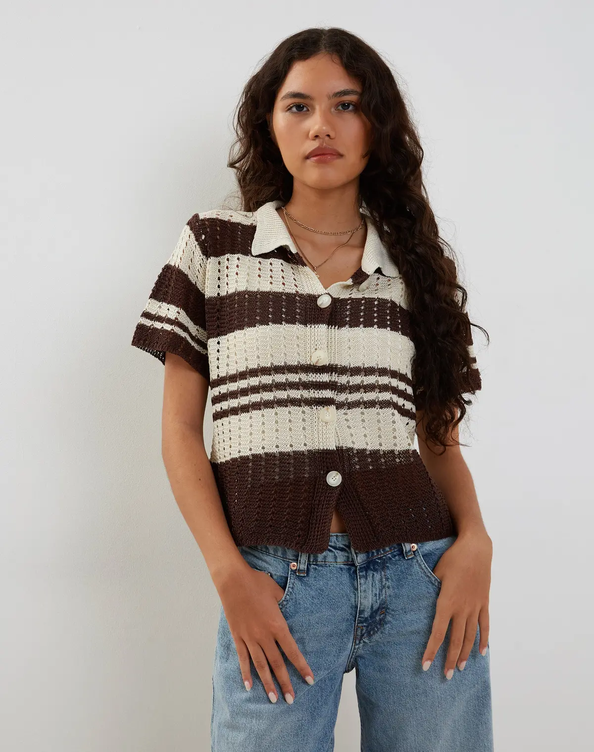 Siwi Pointelle Knitted Polo Top In Stripe Neutral 1