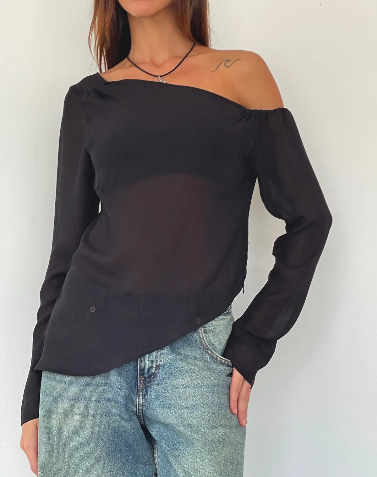 Riot Asymmetric Longline Top In Black Chiffon 1