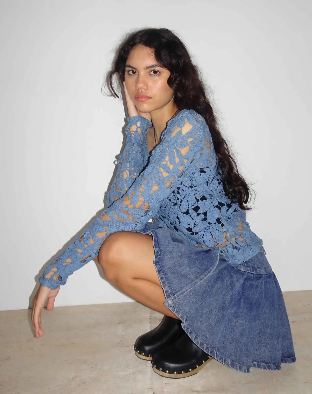 Ripu Floral Crochet Long Sleeve Top In Midnight Blue 1