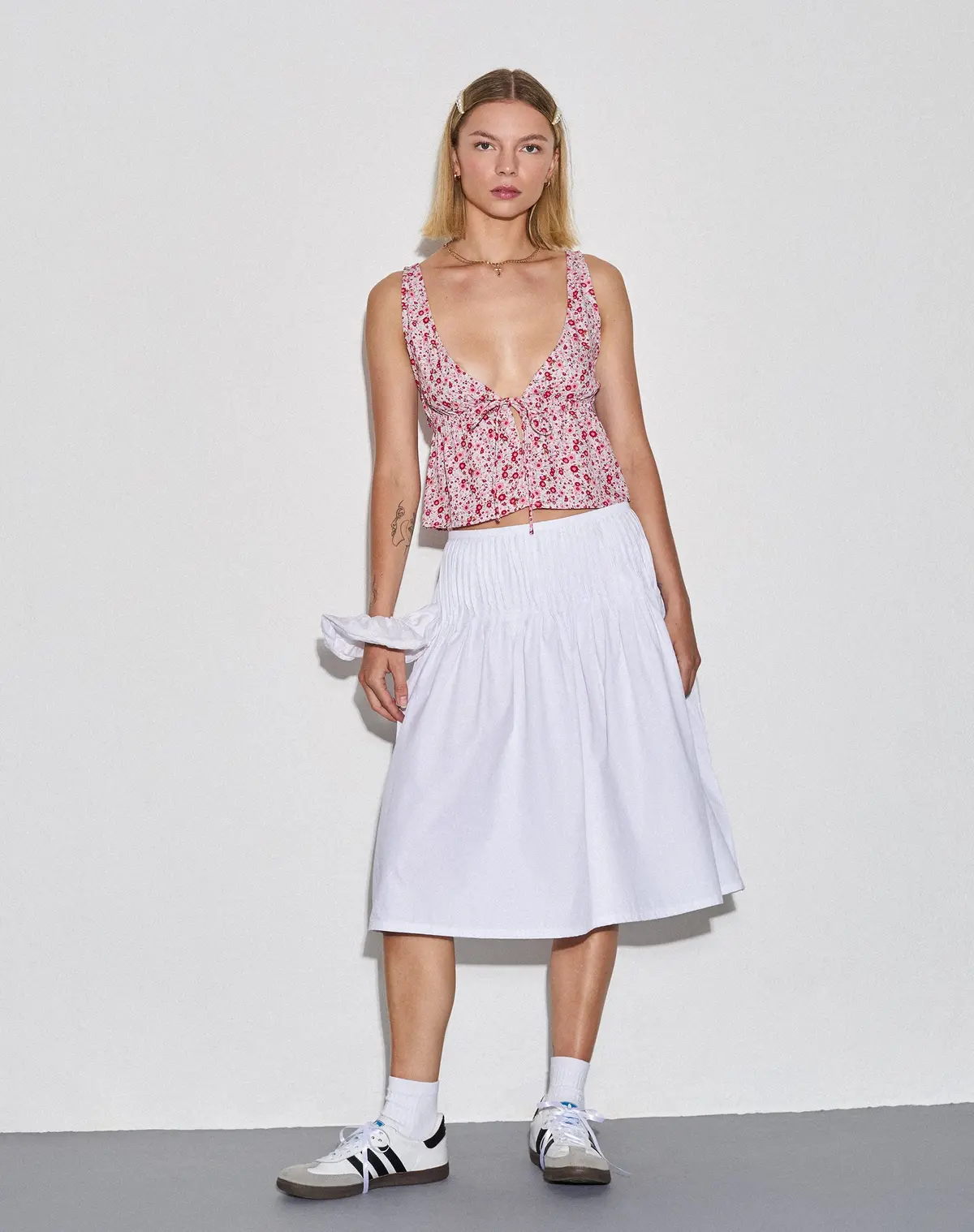 Asada Pleated Waist Midi Skirt In Poplin White 1