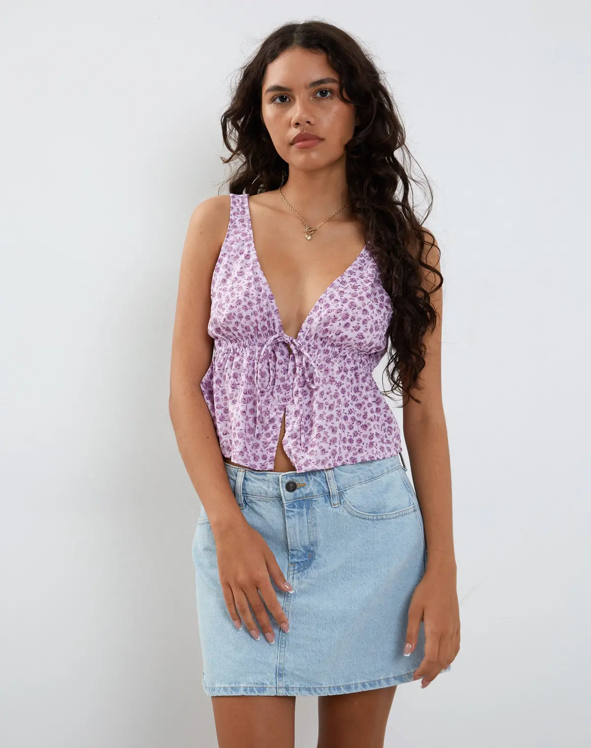 Rolia Tie Front Top In Ditsy Rose Lilac 1