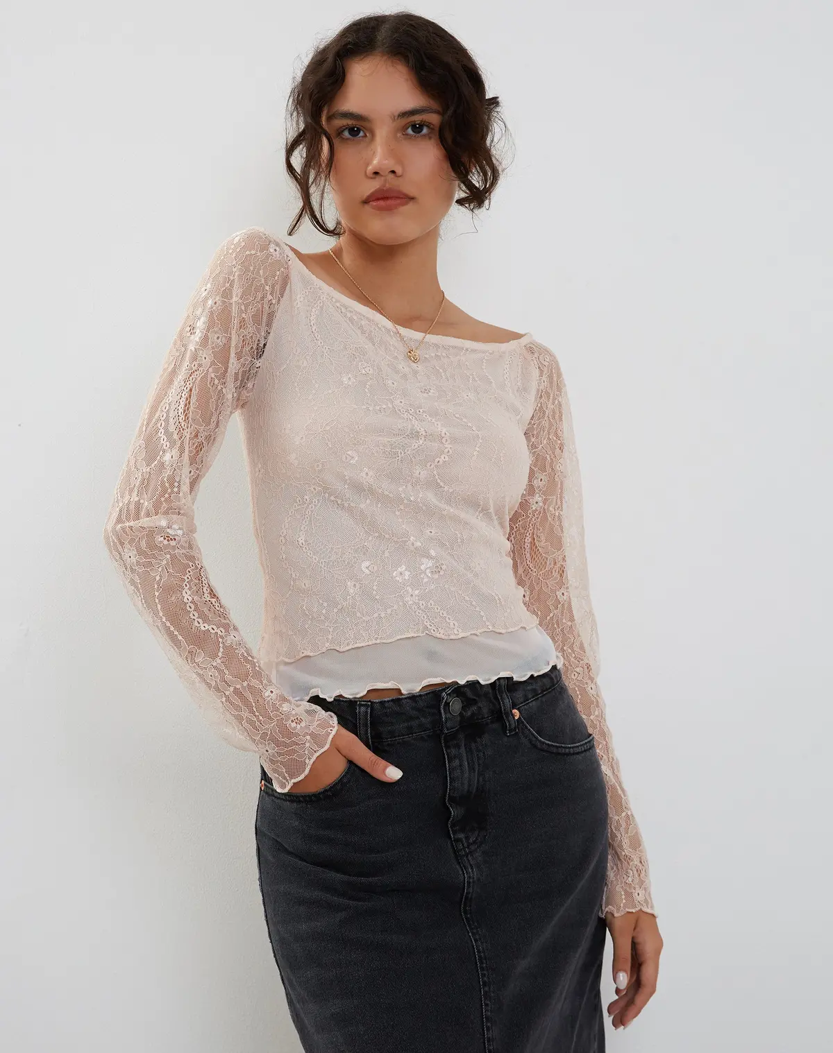 Rory Long Sleeve Lace Top In Pink 1