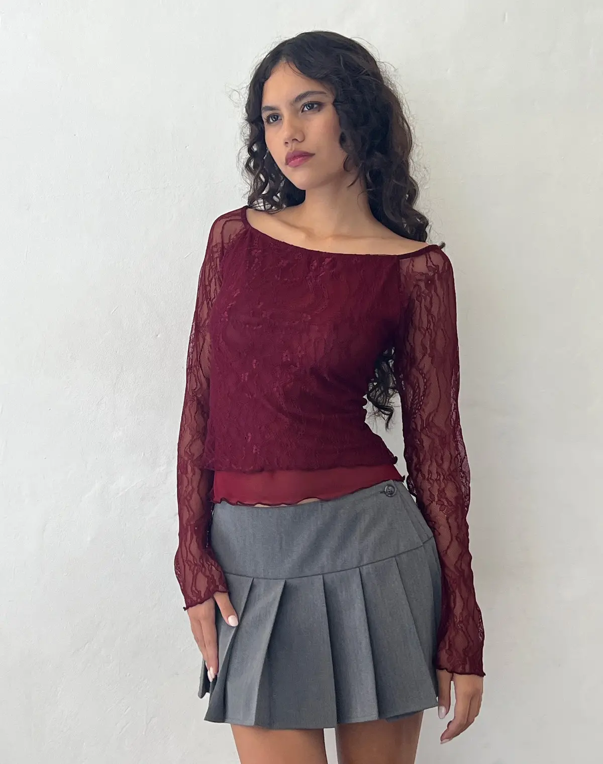 Rory Long Sleeve Top In Lace Burgundy 1
