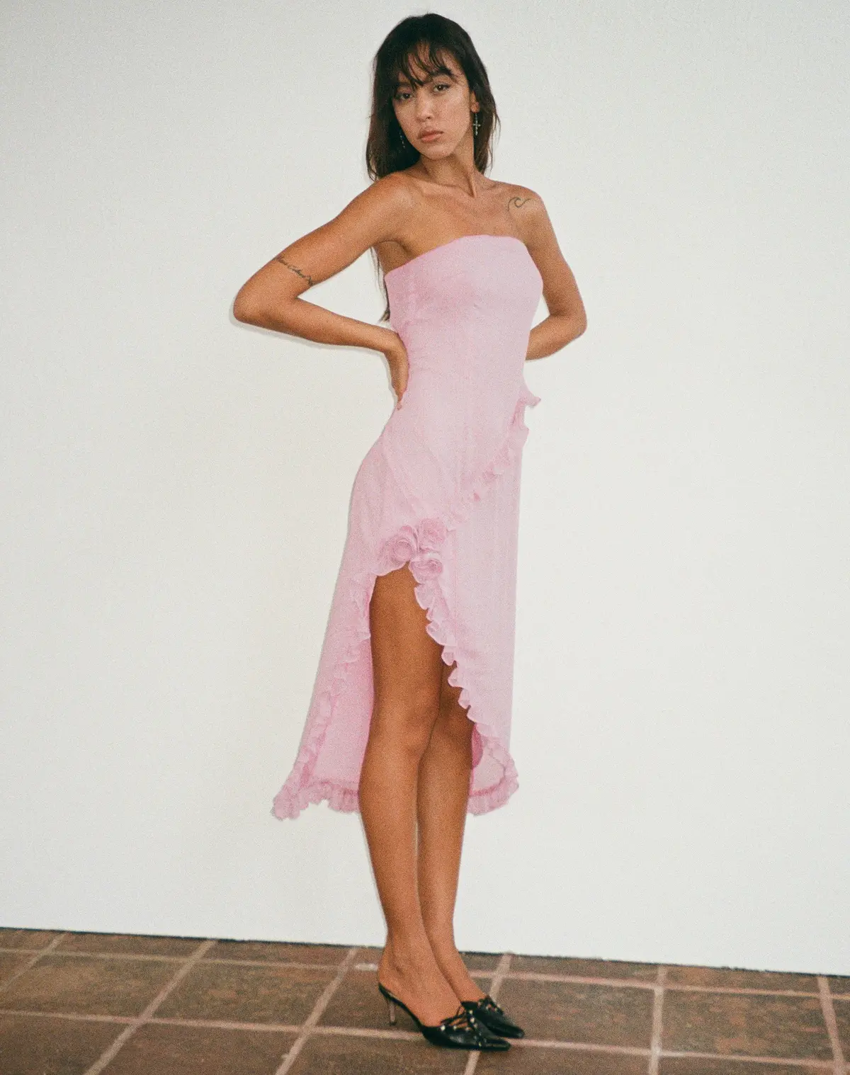 Rosaya Ruffle Rosette Bandeau Midi Dress In Pink Chiffon 1