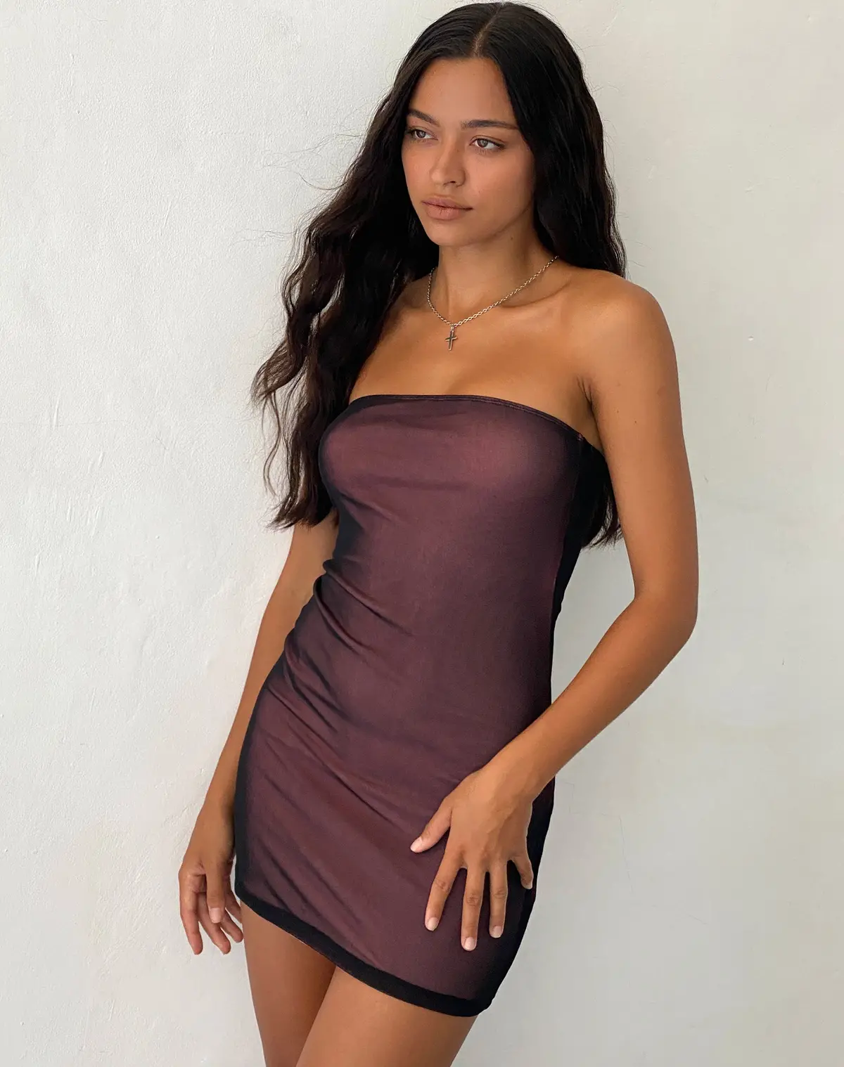Rowena Bandeau Mesh Mini Dress In Black With Pink Lining 1