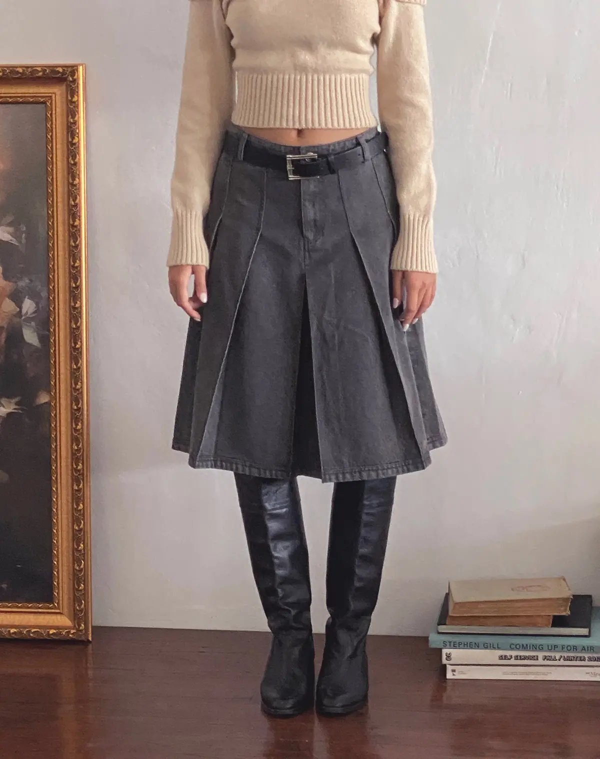 Sanjani Pleated Denim Midi Skirt In Grey Wash 1