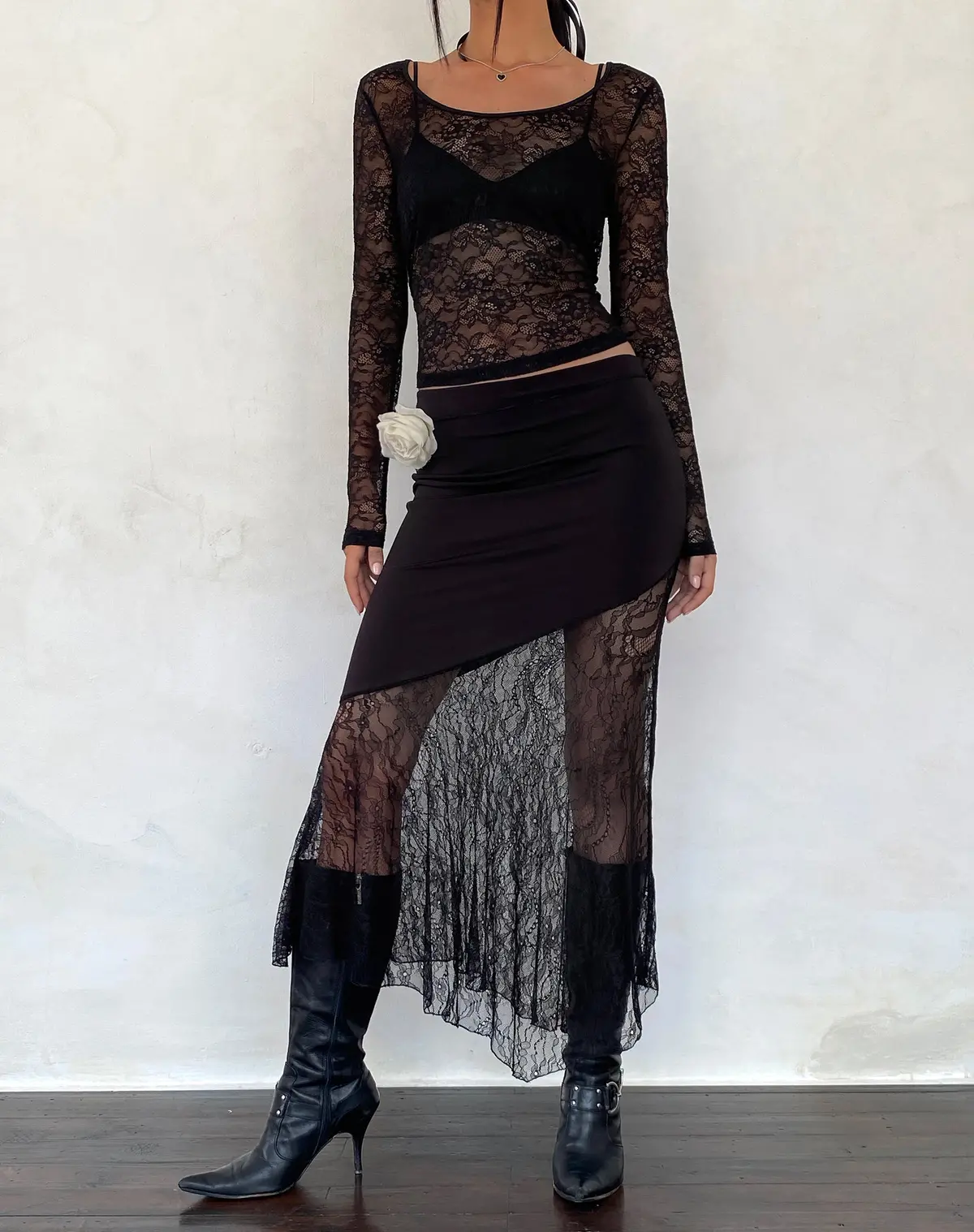 Seraphina Asymmetric Lace Hem Maxi Skirt In Black 1